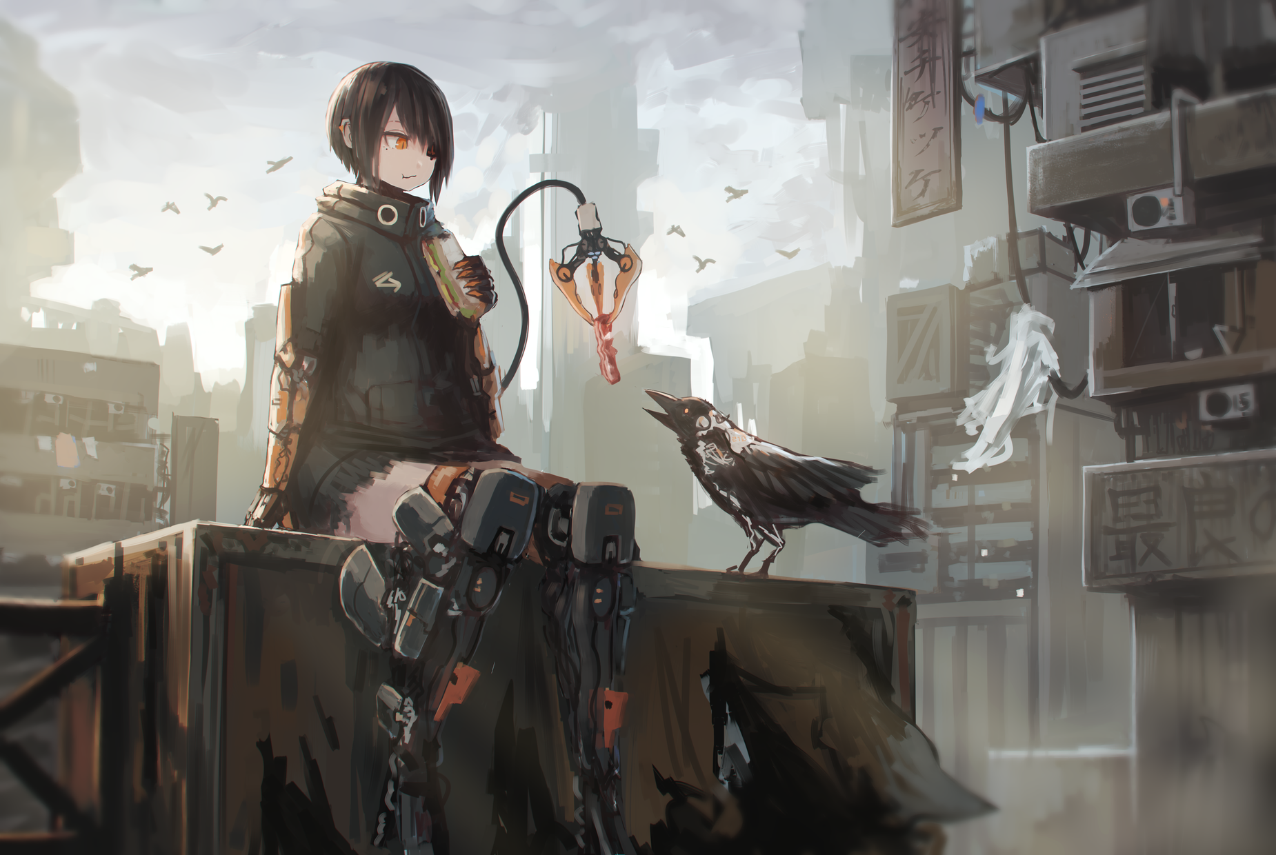Anime girl with mecha limbs and a raven in a city HD Wallpaper