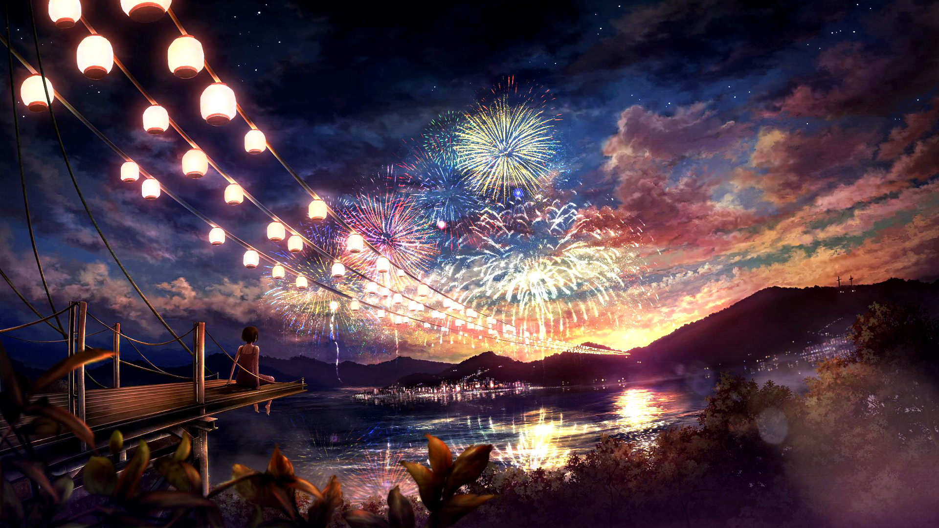 Anime girl watching fireworks over a lake at night HD Wallpaper