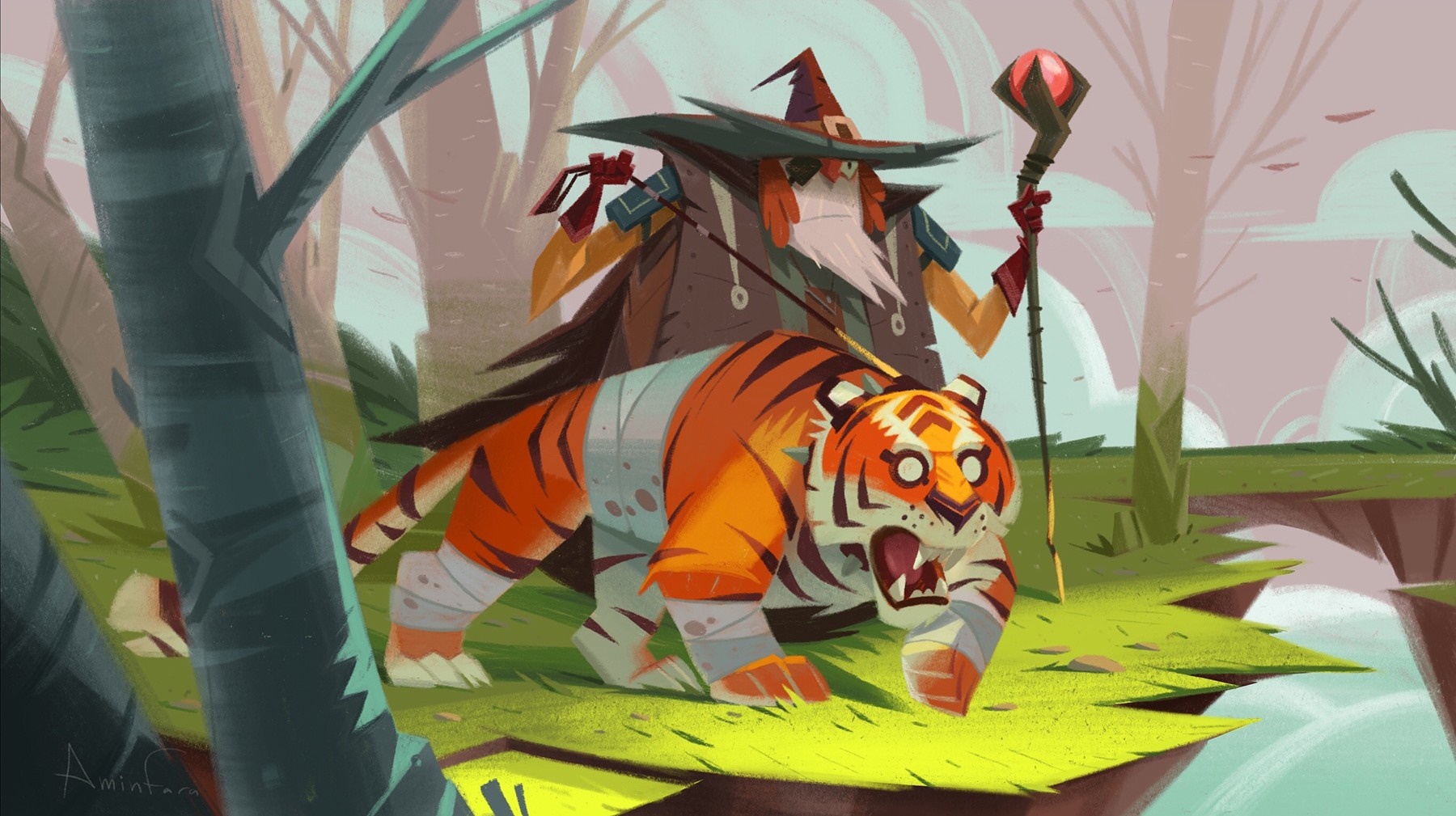 Wizard with a tiger companion in a forest HD Wallpaper