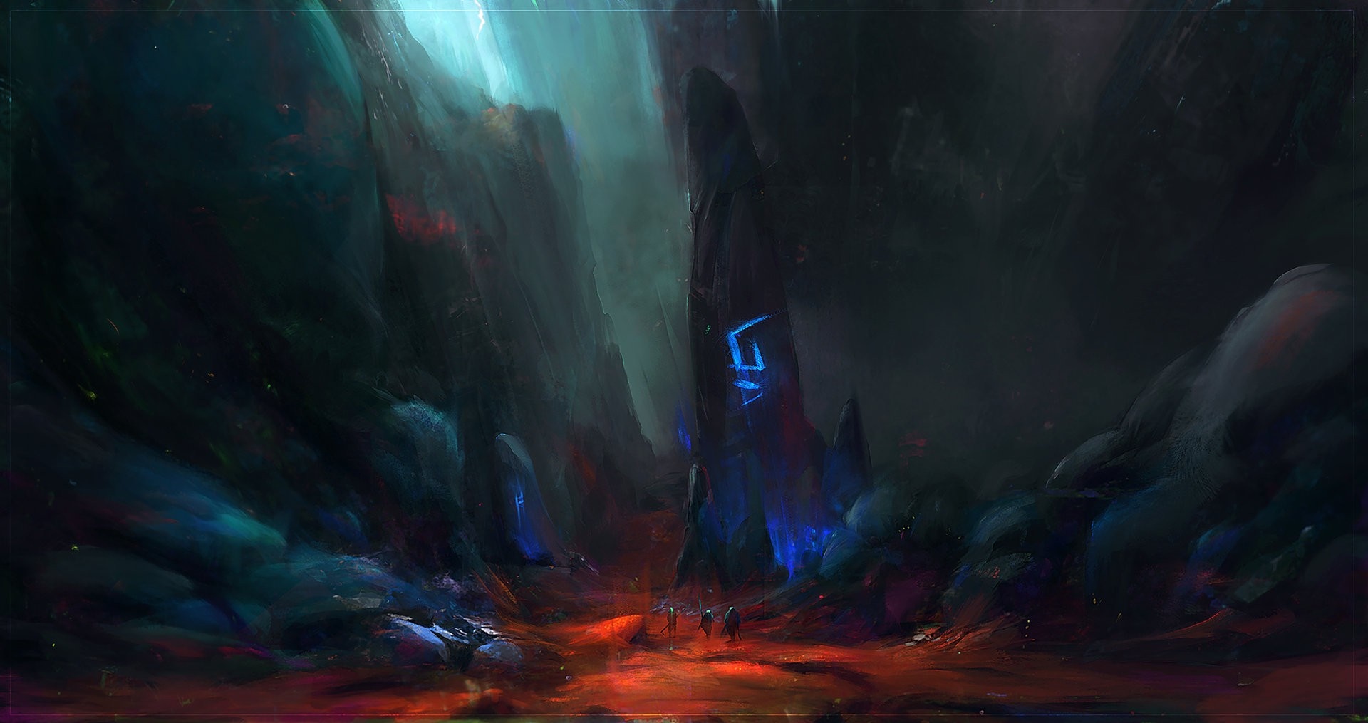 Fantasy art of a dark, rocky landscape with glowing blue symbols HD Wallpaper