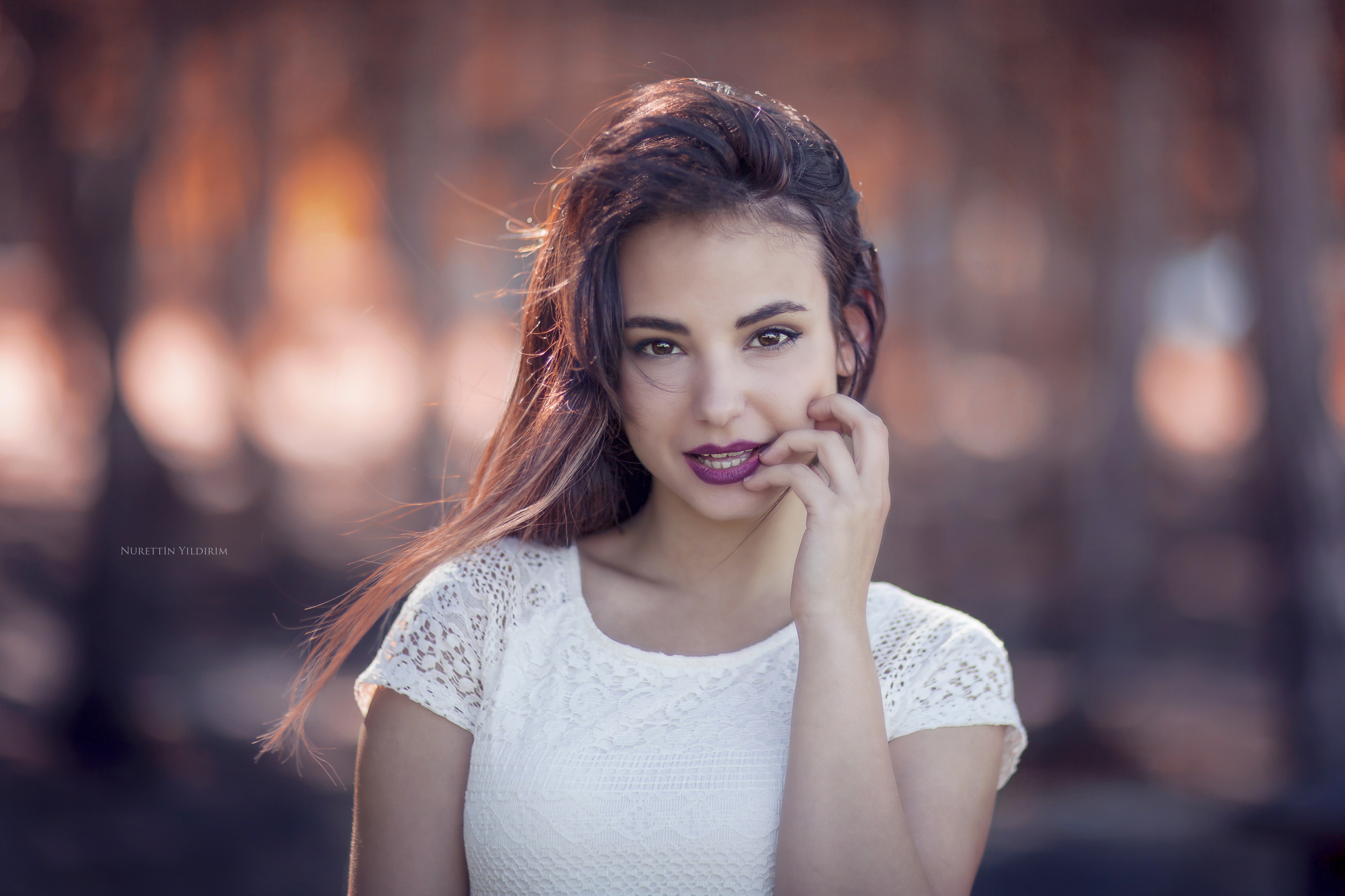 Woman with long brown hair wearing a white lace top HD Wallpaper