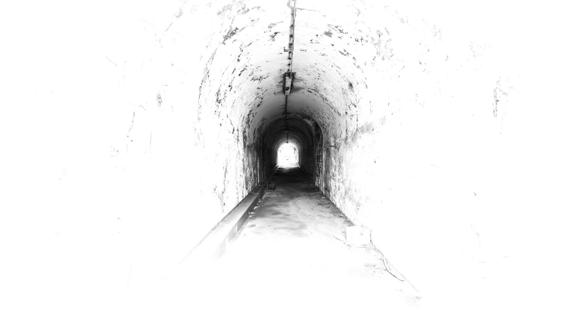 Monochrome illustration of a dark tunnel with light at the end HD Wallpaper