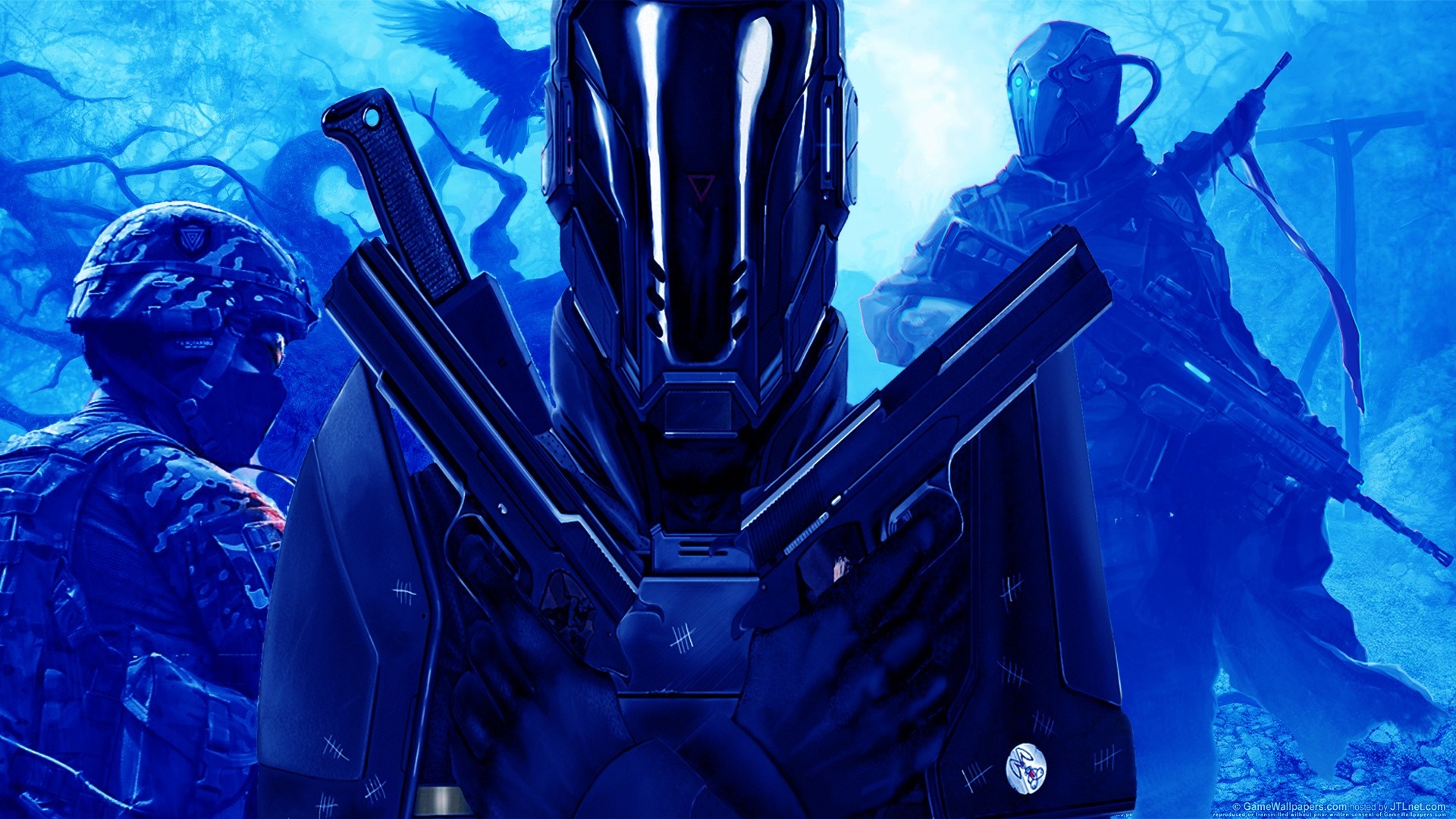 Soldiers in blue armor with futuristic weapons HD Wallpaper