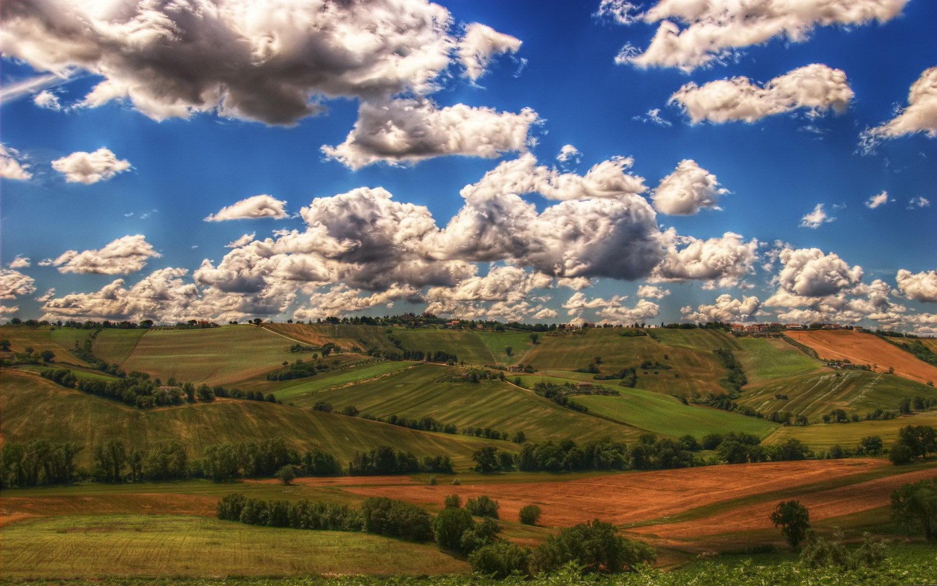 Rolling hills with cultivated fields under a cloudy sky HD Wallpaper
