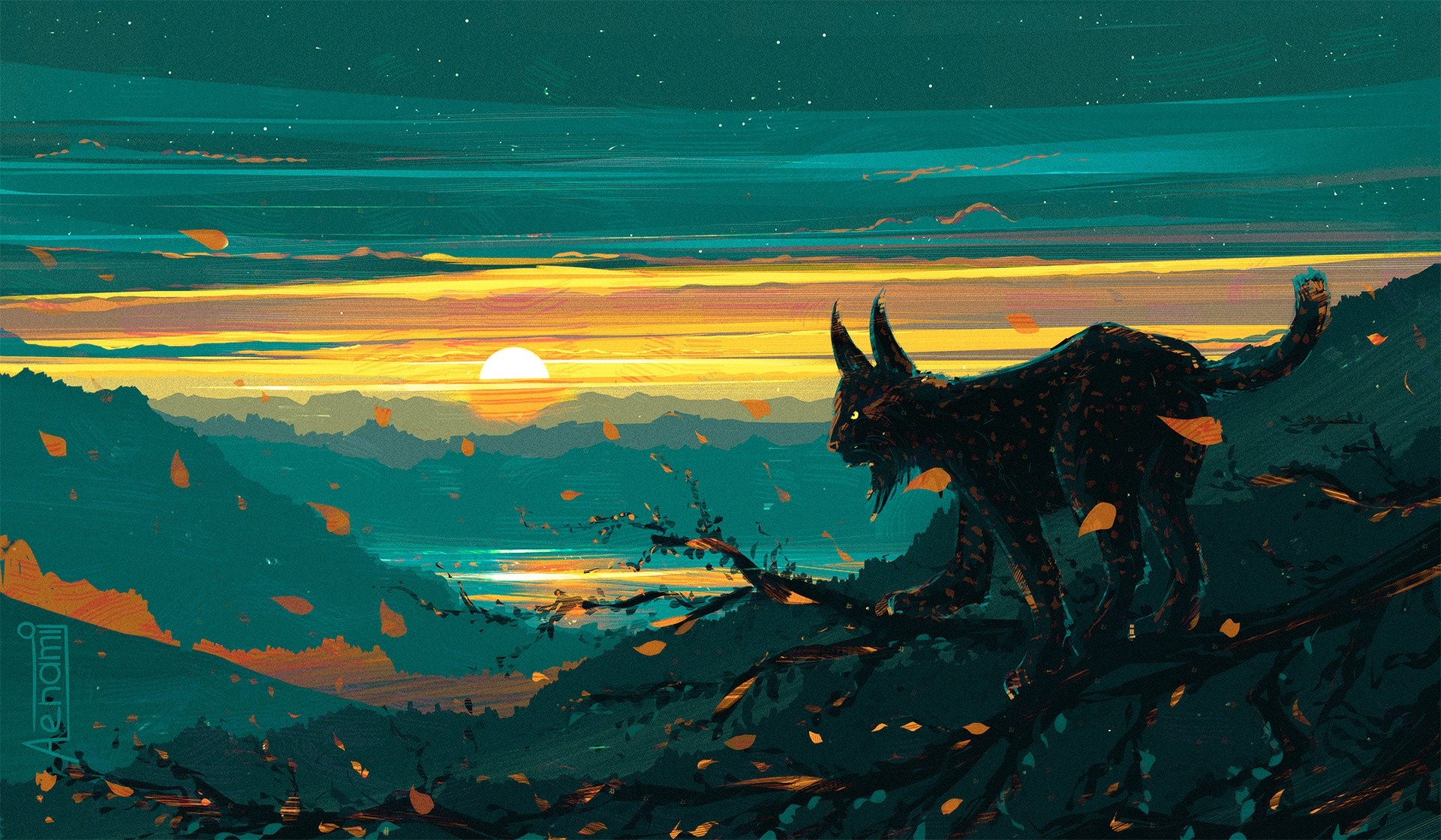Lynx on a branch overlooking a sunset landscape HD Wallpaper