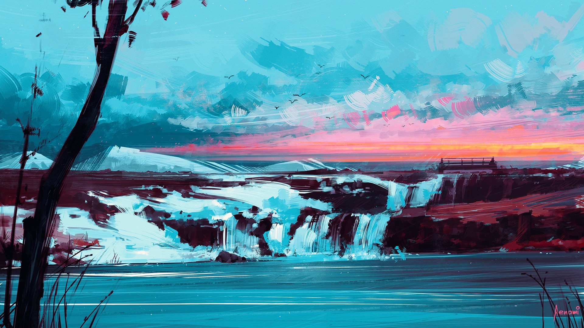 Painting of a waterfall at sunset by Aenami HD Wallpaper