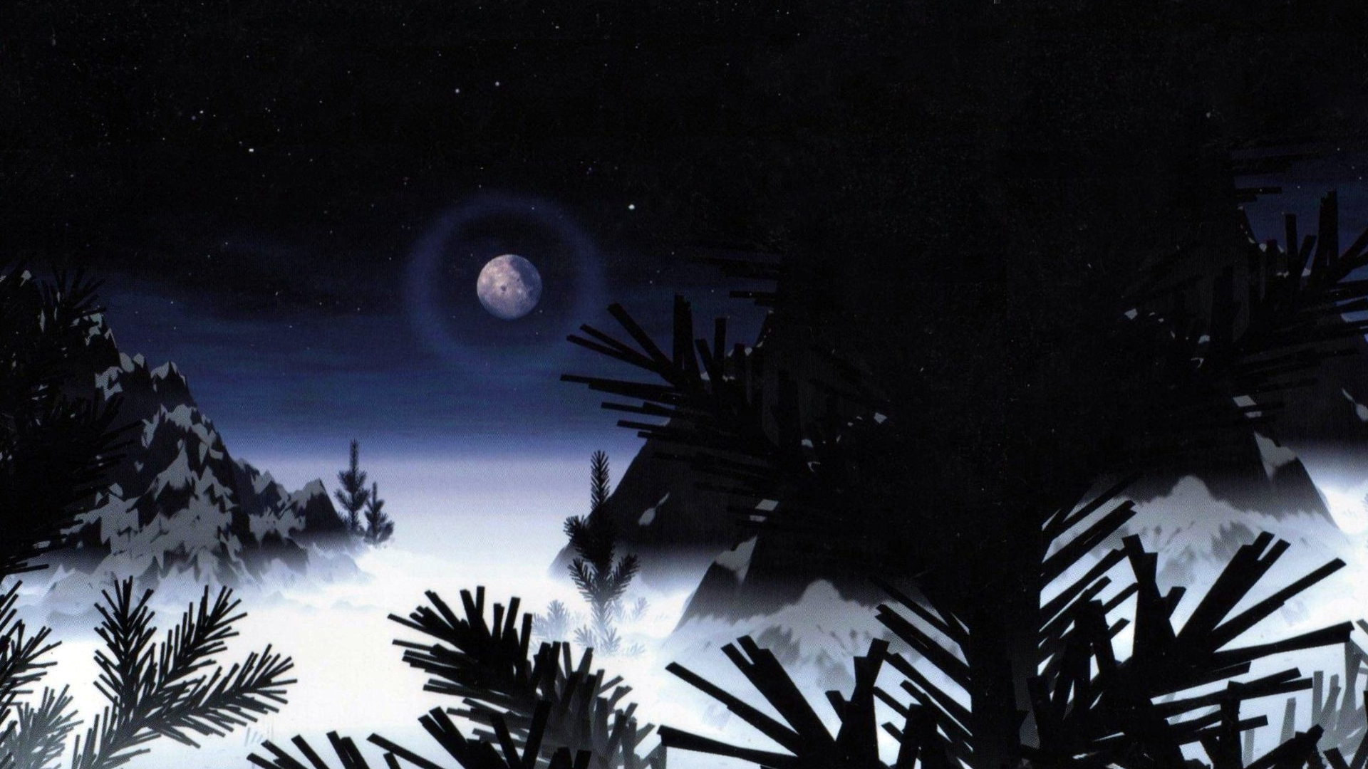 Night sky with moon over snowy mountains and pine trees HD Wallpaper