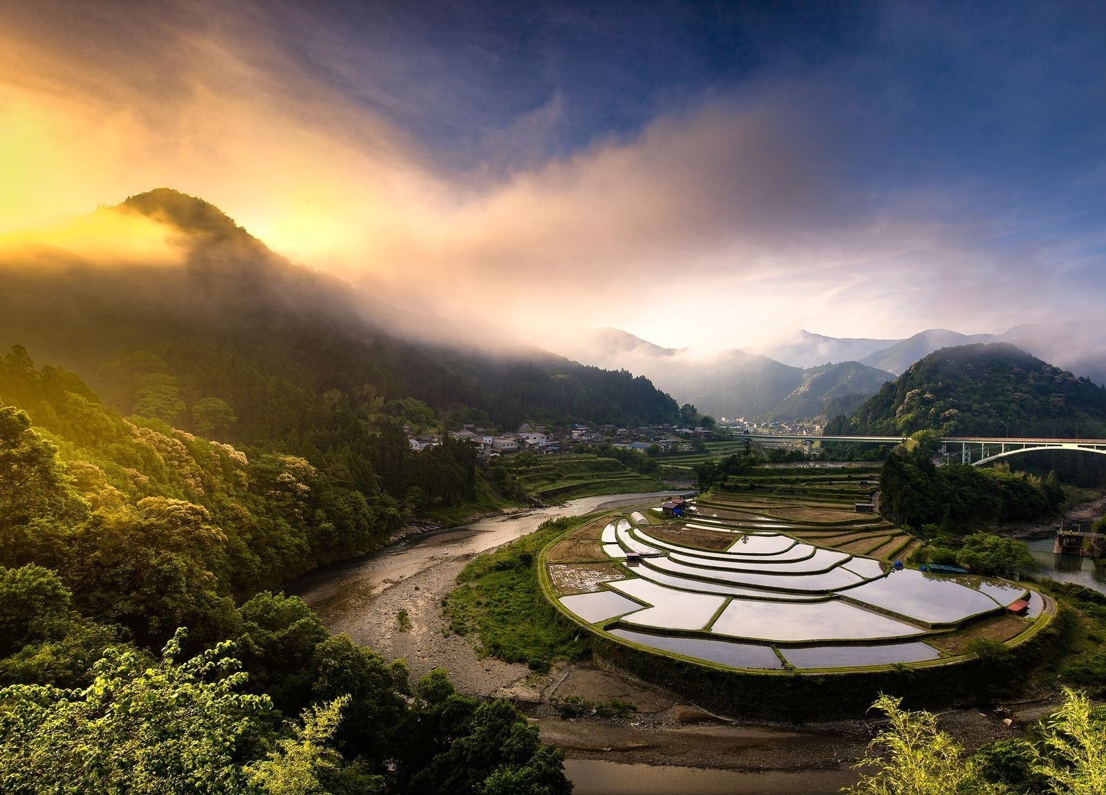 Misty Mountain Valley with Rice Terraces and River at Sunrise HD Wallpaper