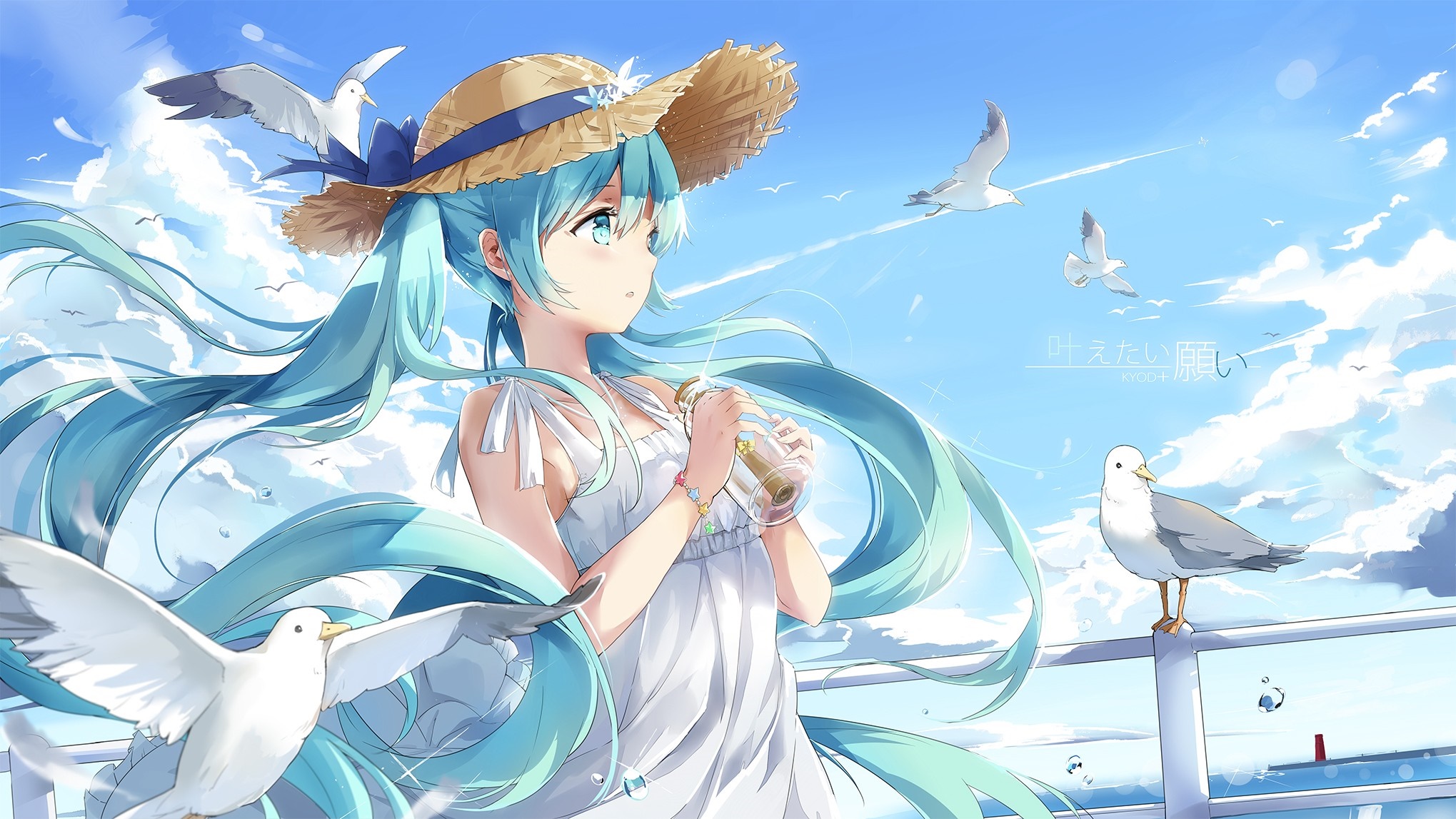 Hatsune Miku with seagulls by the sea HD Wallpaper