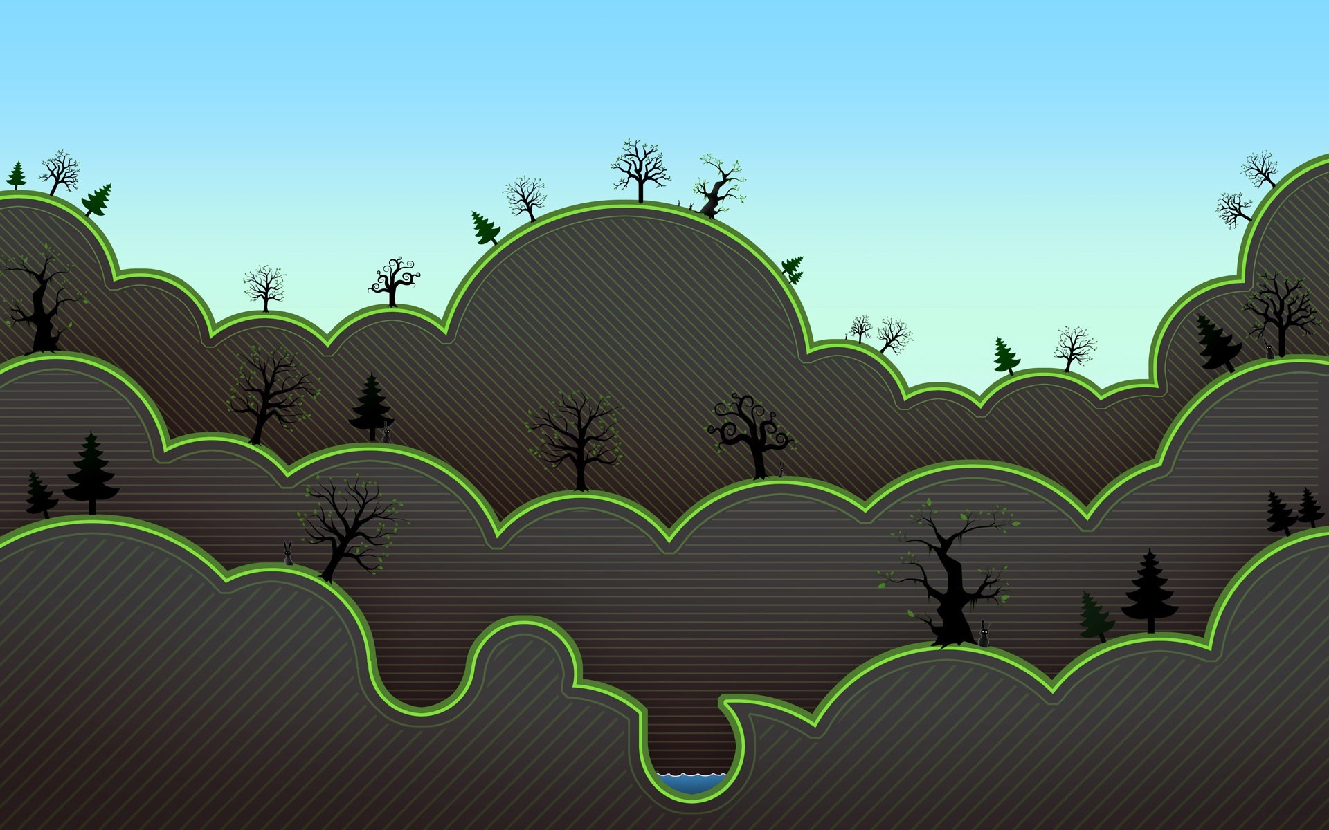 Stylized landscape with rolling hills and trees HD Wallpaper