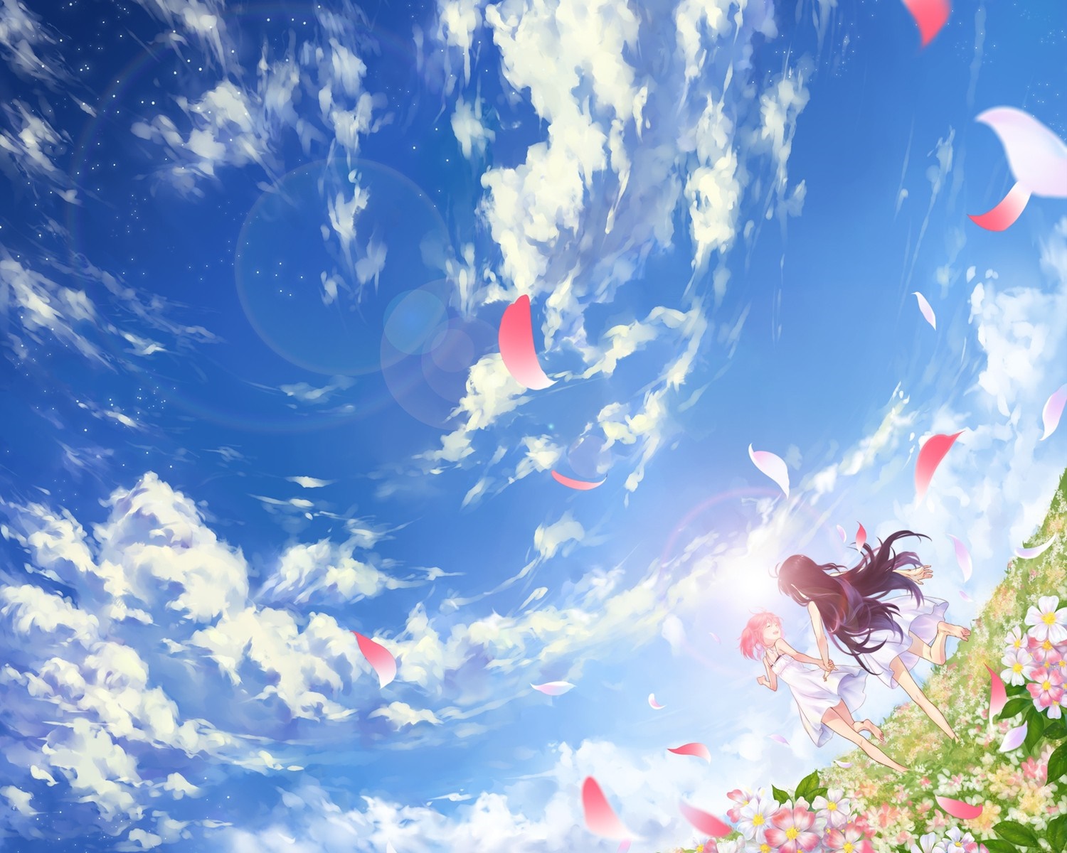 Two girls running through a field of flowers under a cloudy sky HD Wallpaper
