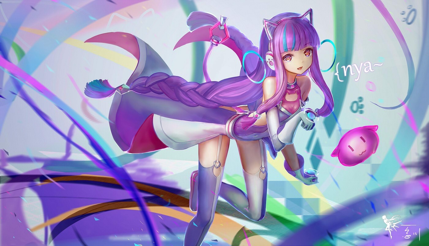 Anime cat girl with purple hair and headphones HD Wallpaper