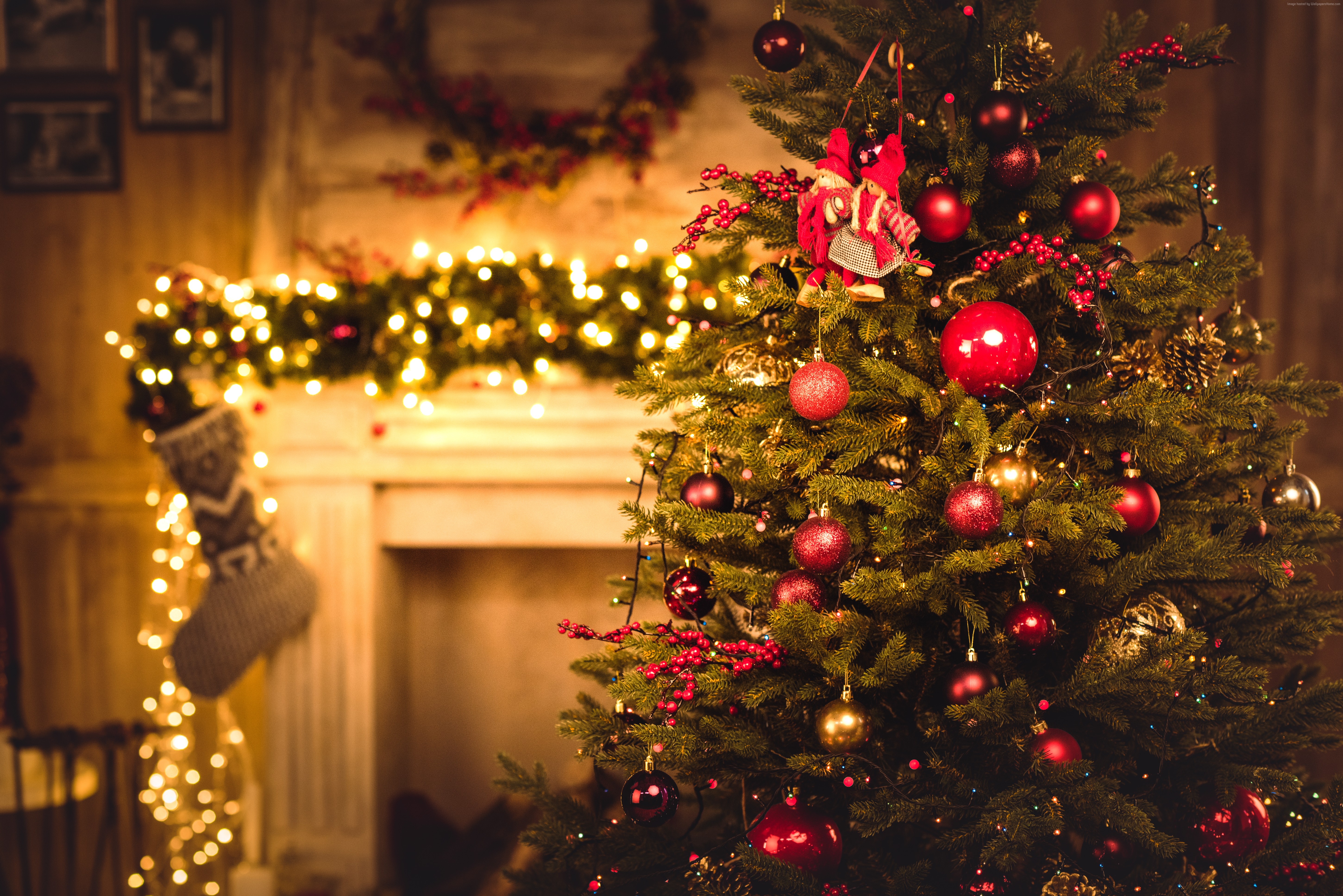 Christmas tree with ornaments and fireplace HD Wallpaper