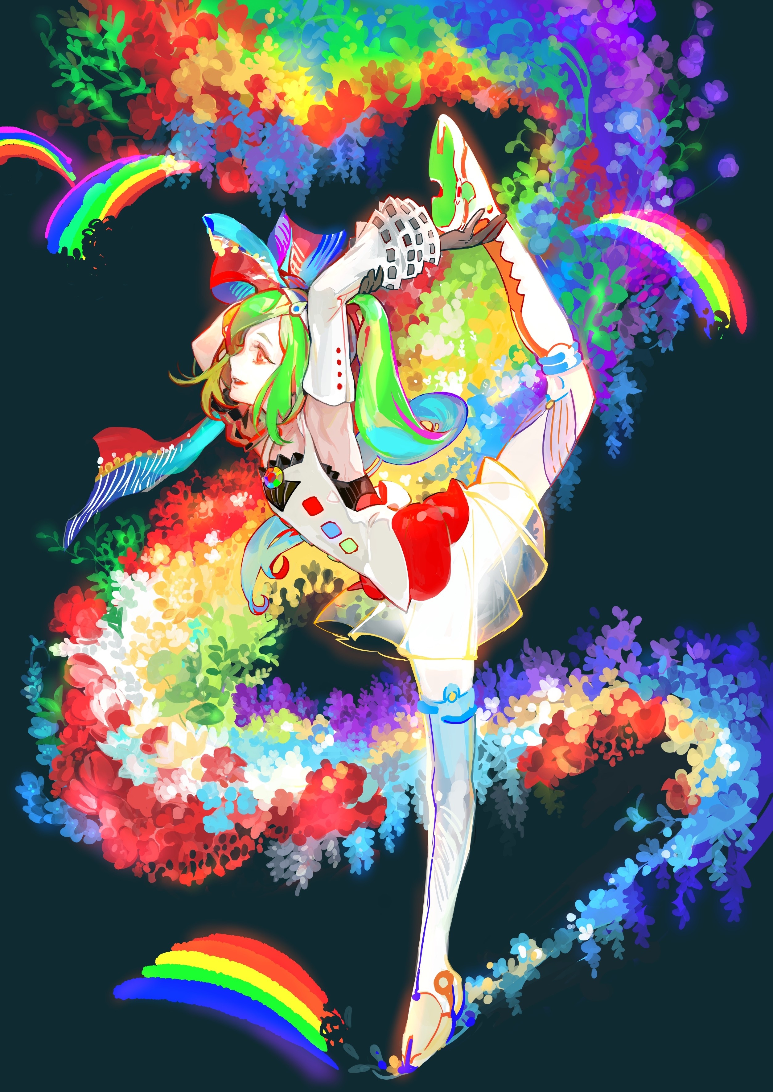 Anime girl with green hair and colorful flowers HD Wallpaper