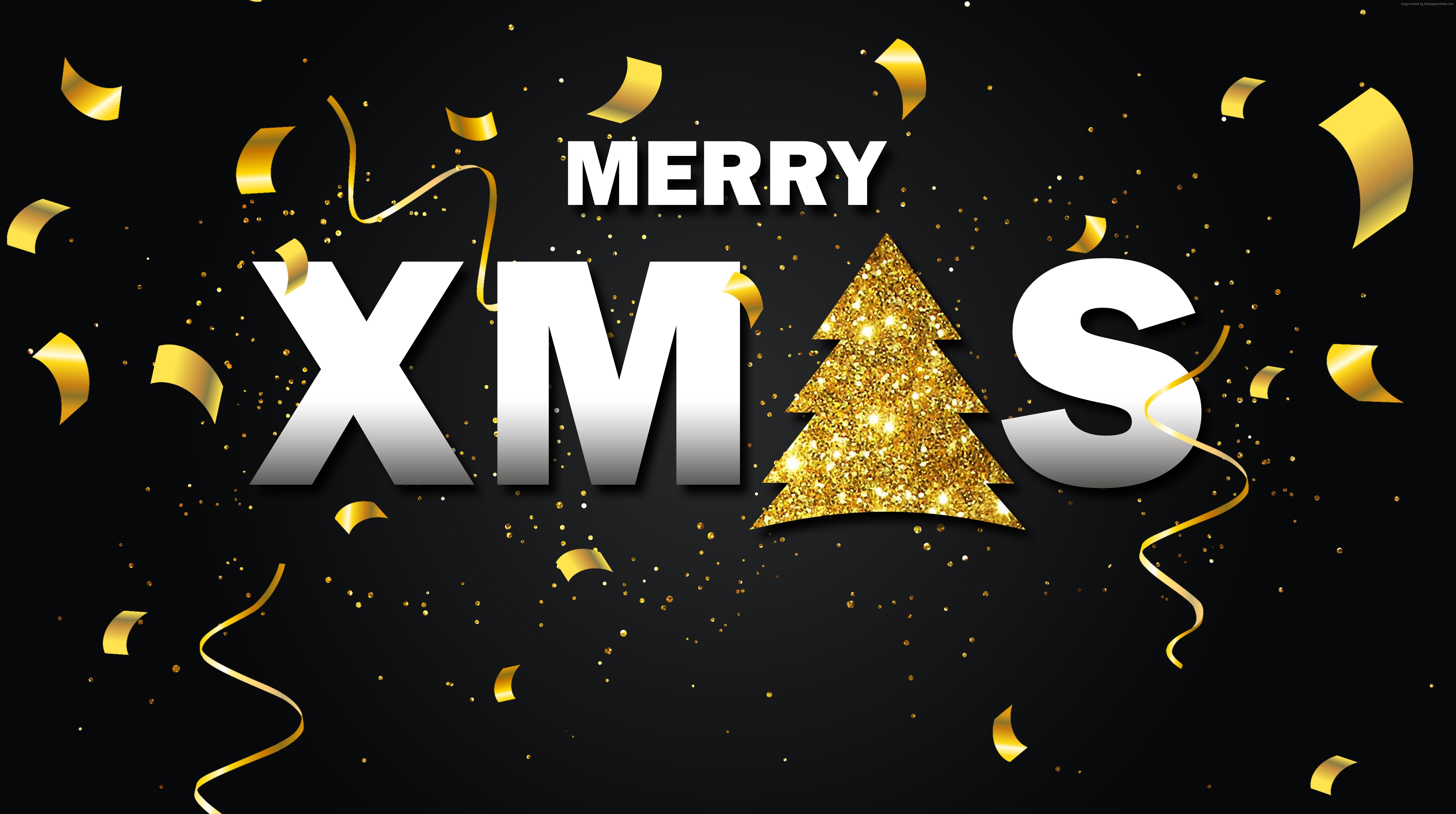 Merry Xmas with Golden Confetti and Christmas Tree HD Wallpaper