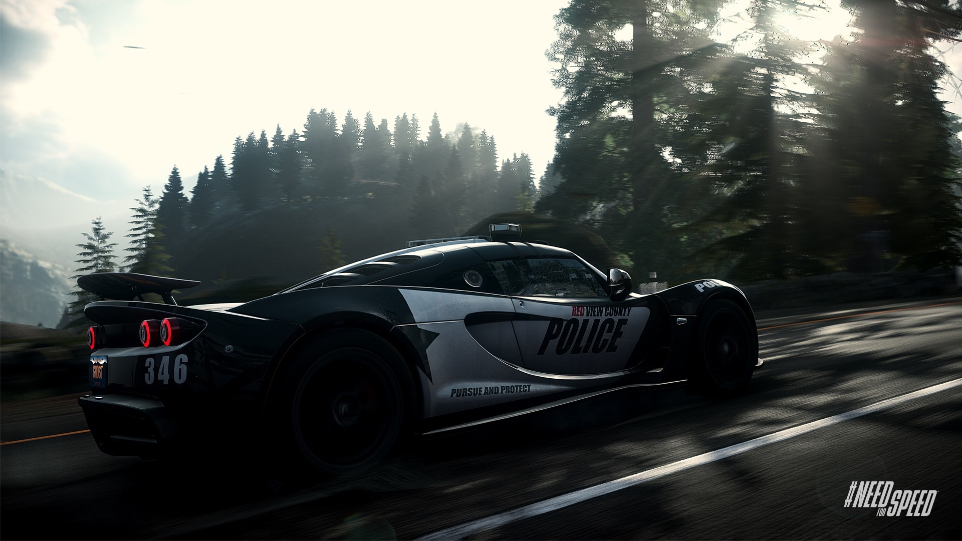Police sports car from Need for Speed driving on a forest road HD Wallpaper