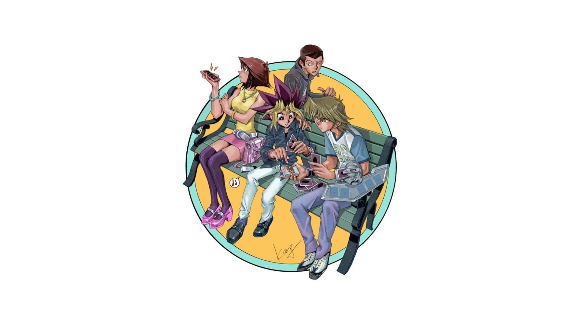 Characters from Yu-Gi-Oh! playing cards on a bench HD Wallpaper