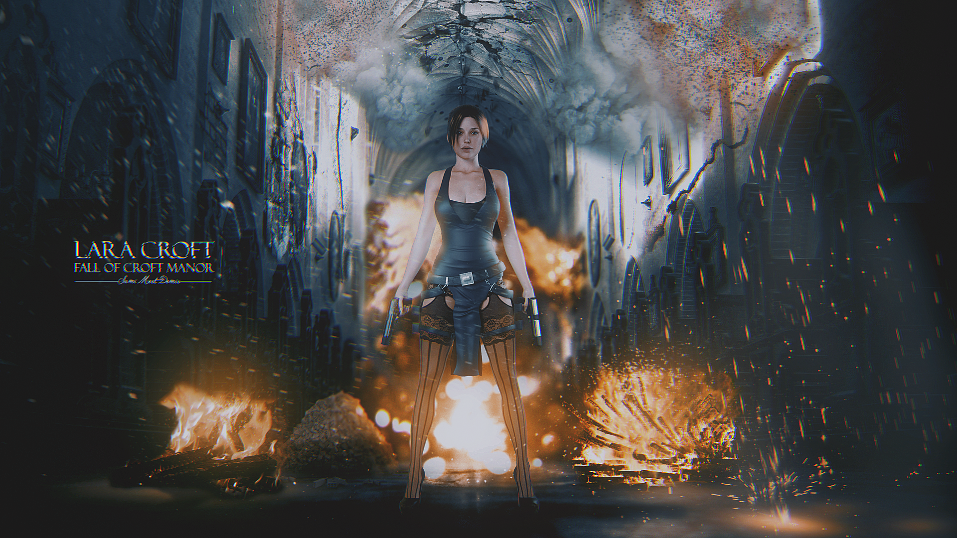 Lara Croft from Tomb Raider in a burning manor HD Wallpaper