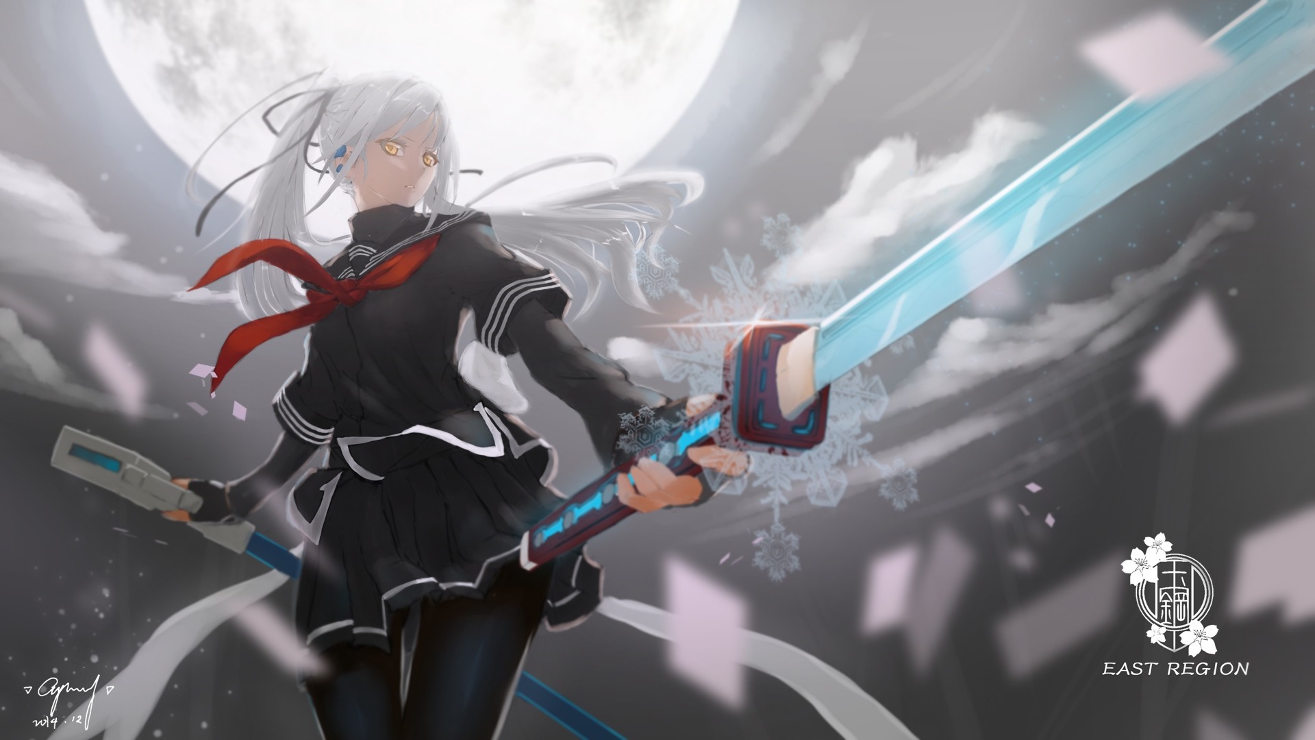 Anime girl with white hair and sword under the moon HD Wallpaper