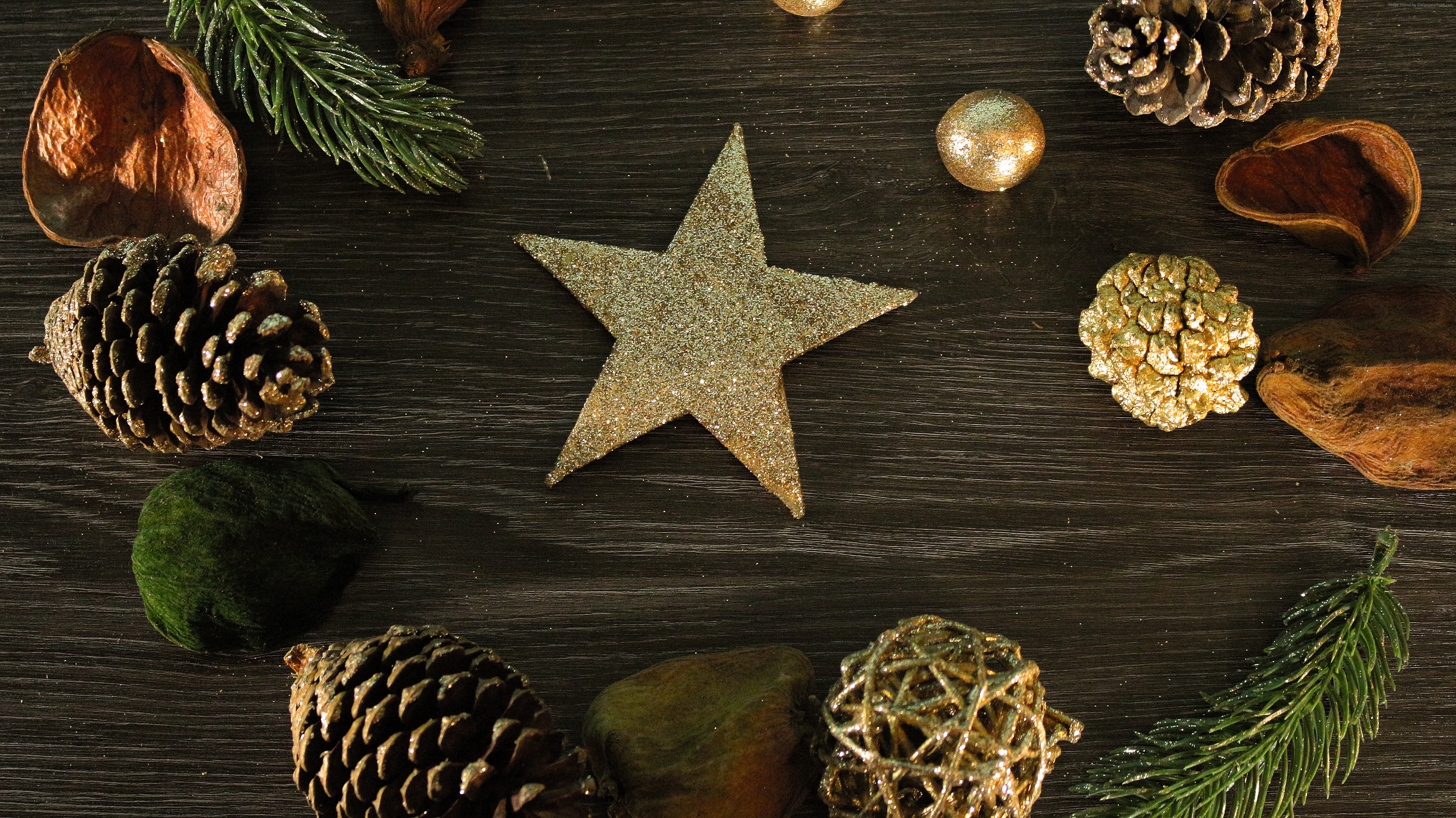 Christmas decorations with star and pine cones HD Wallpaper