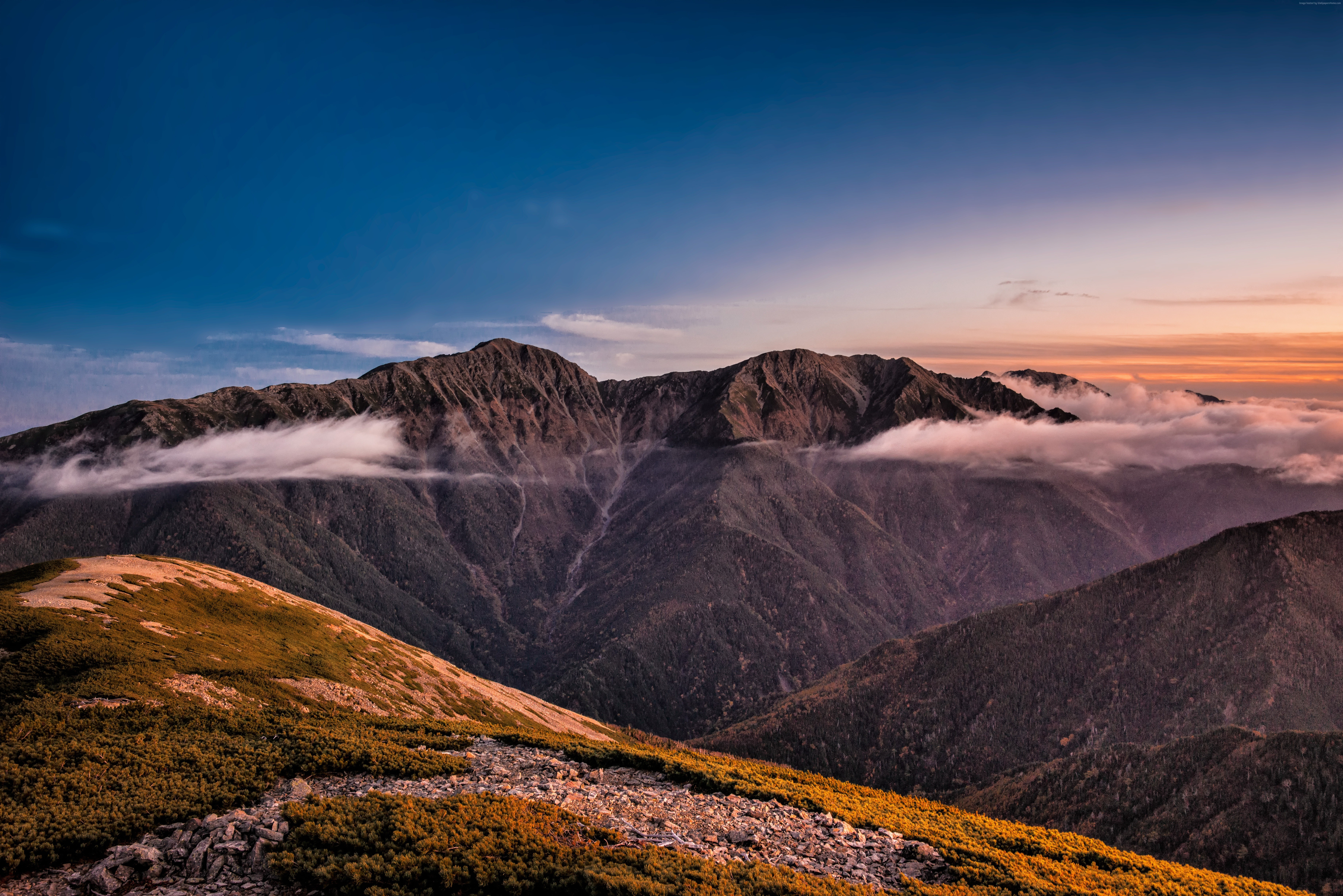 Mountains with clouds at sunset 4K HD Wallpaper