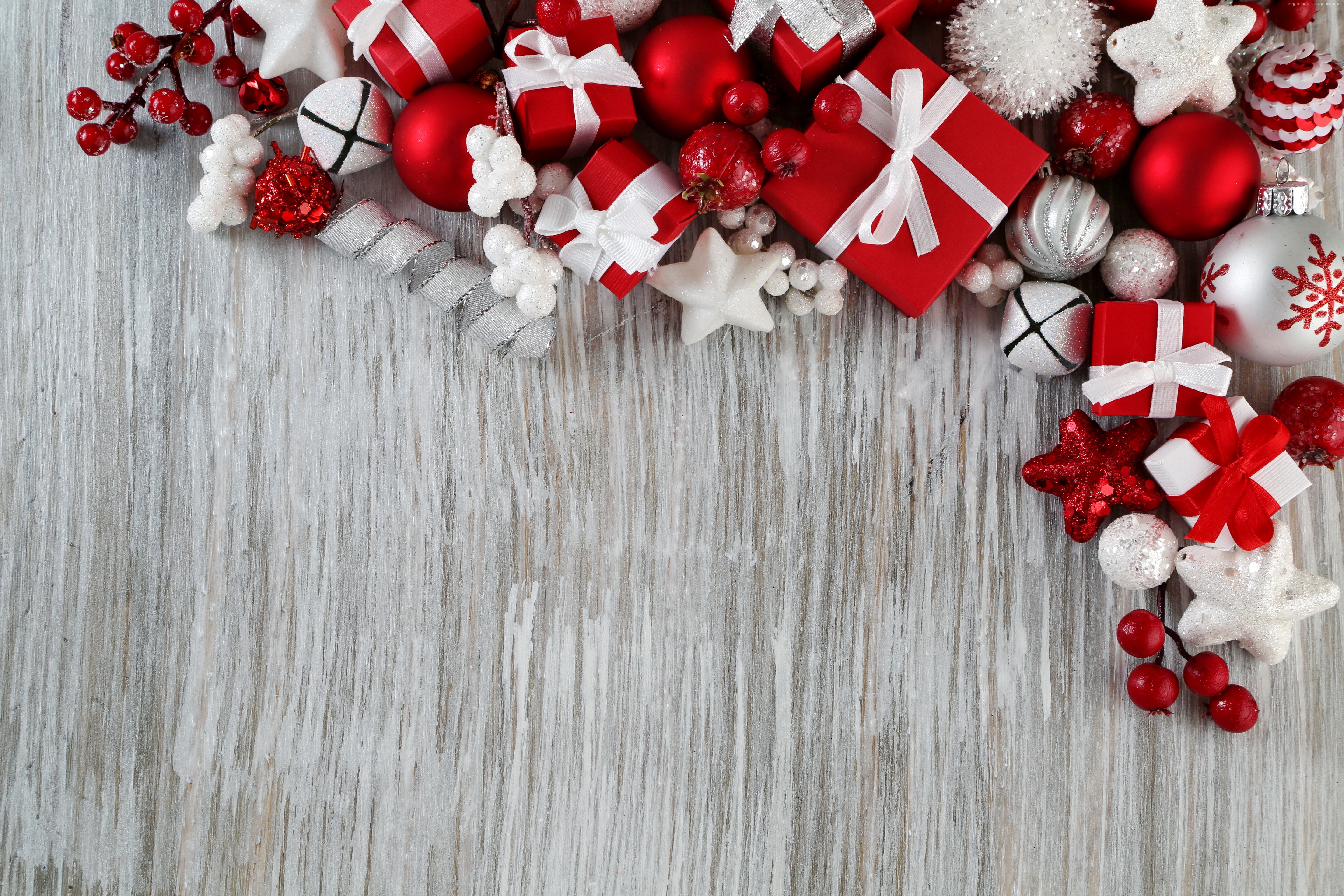 Christmas decorations with red and white ornaments and gifts HD Wallpaper