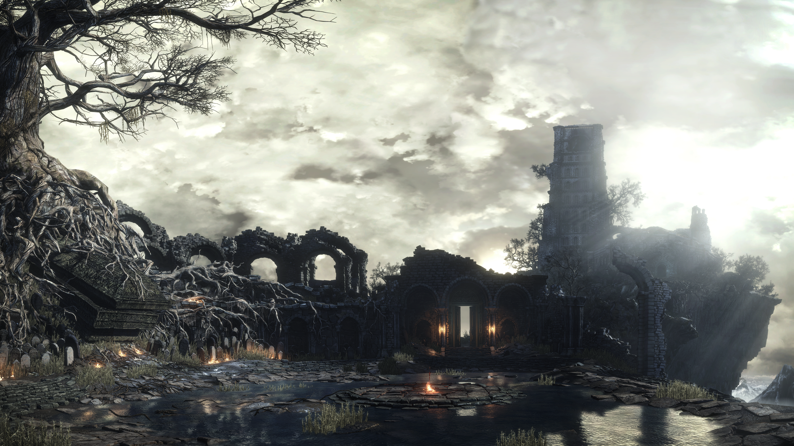 Dark Souls III ruins with a large tree and tower HD Wallpaper