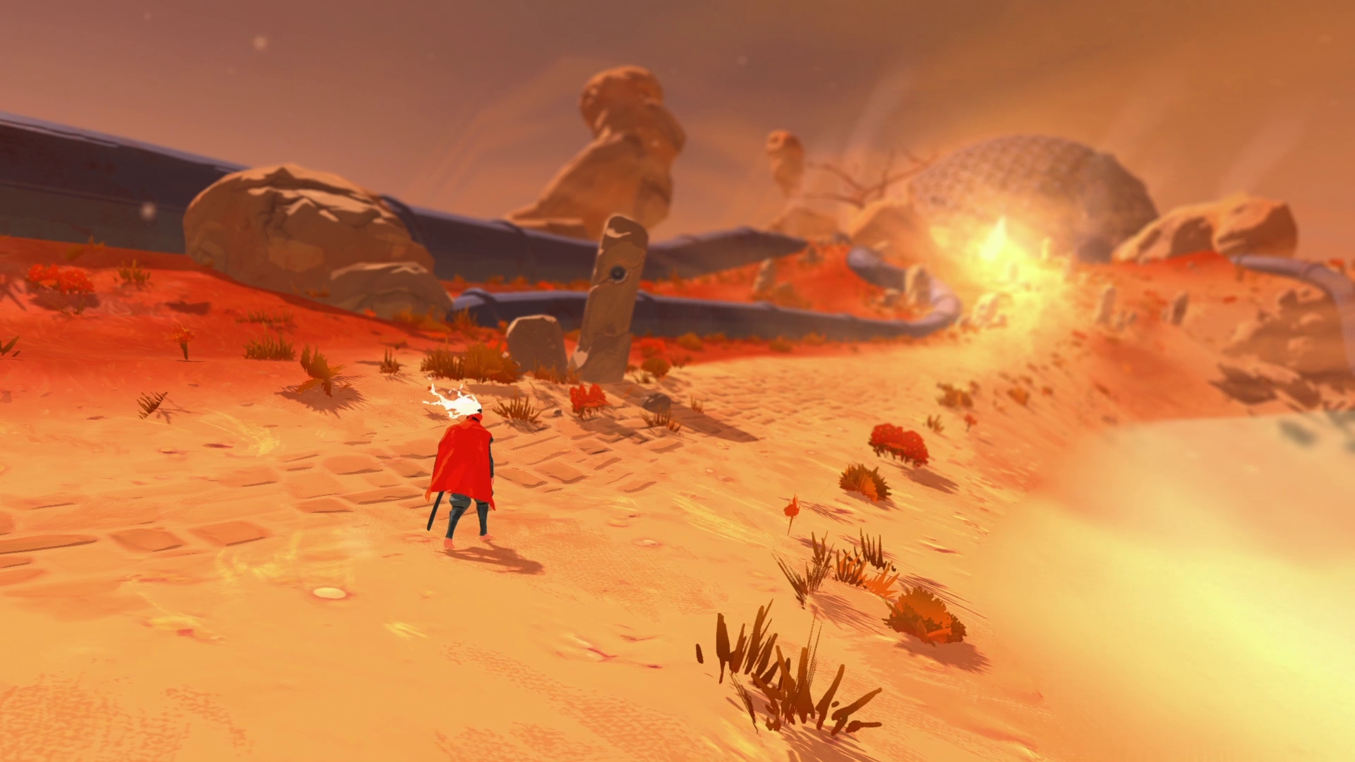 Character with red cape in a desert landscape HD Wallpaper