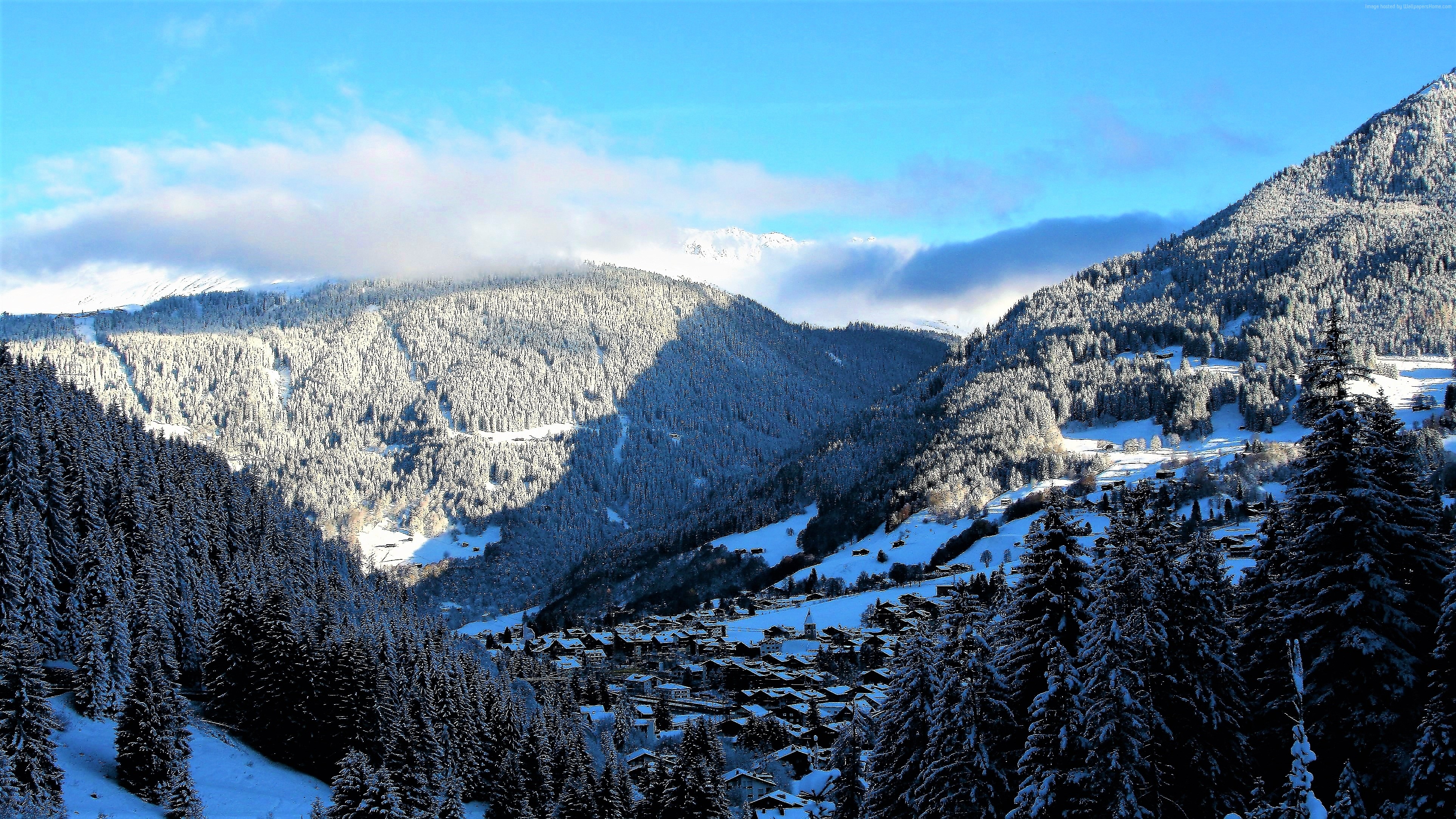 Snowy mountains and forest with village in winter HD Wallpaper