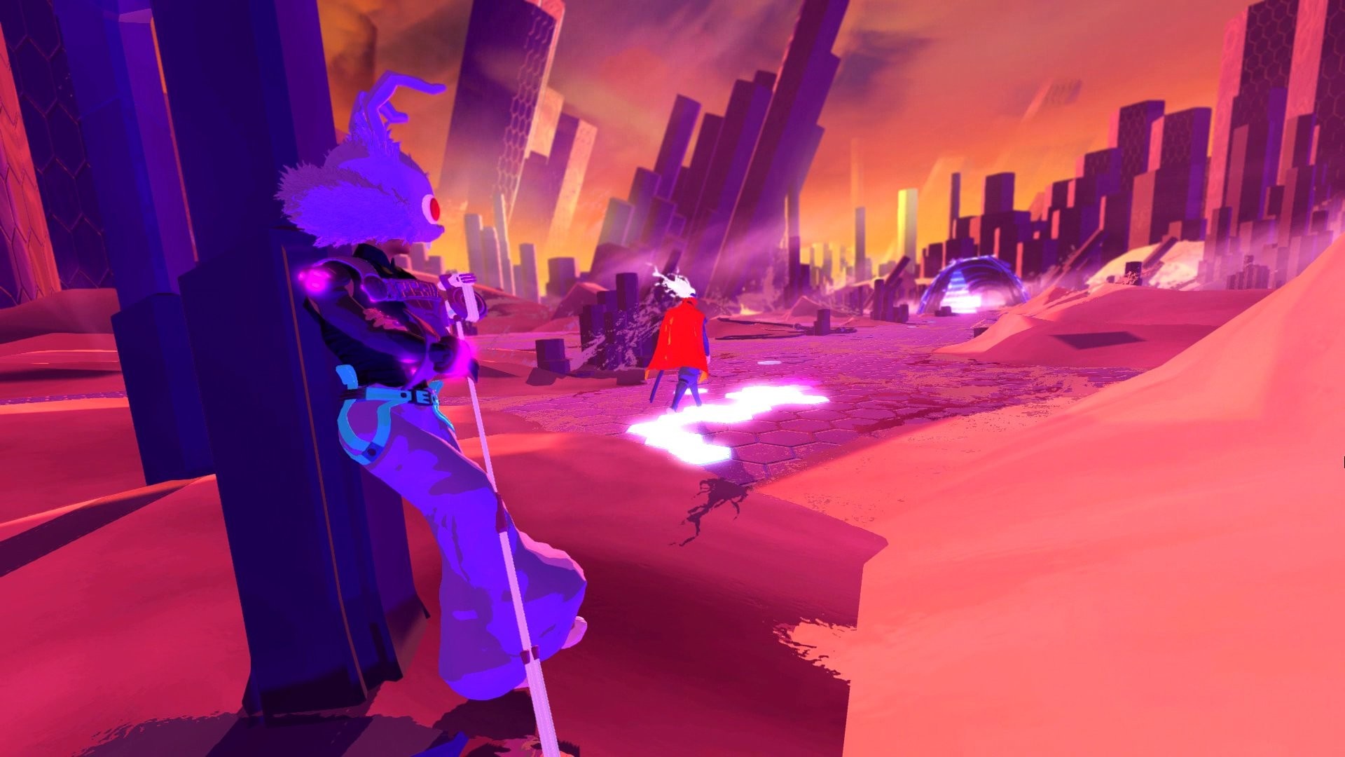 Character from Furi in a neon, toxic landscape HD Wallpaper