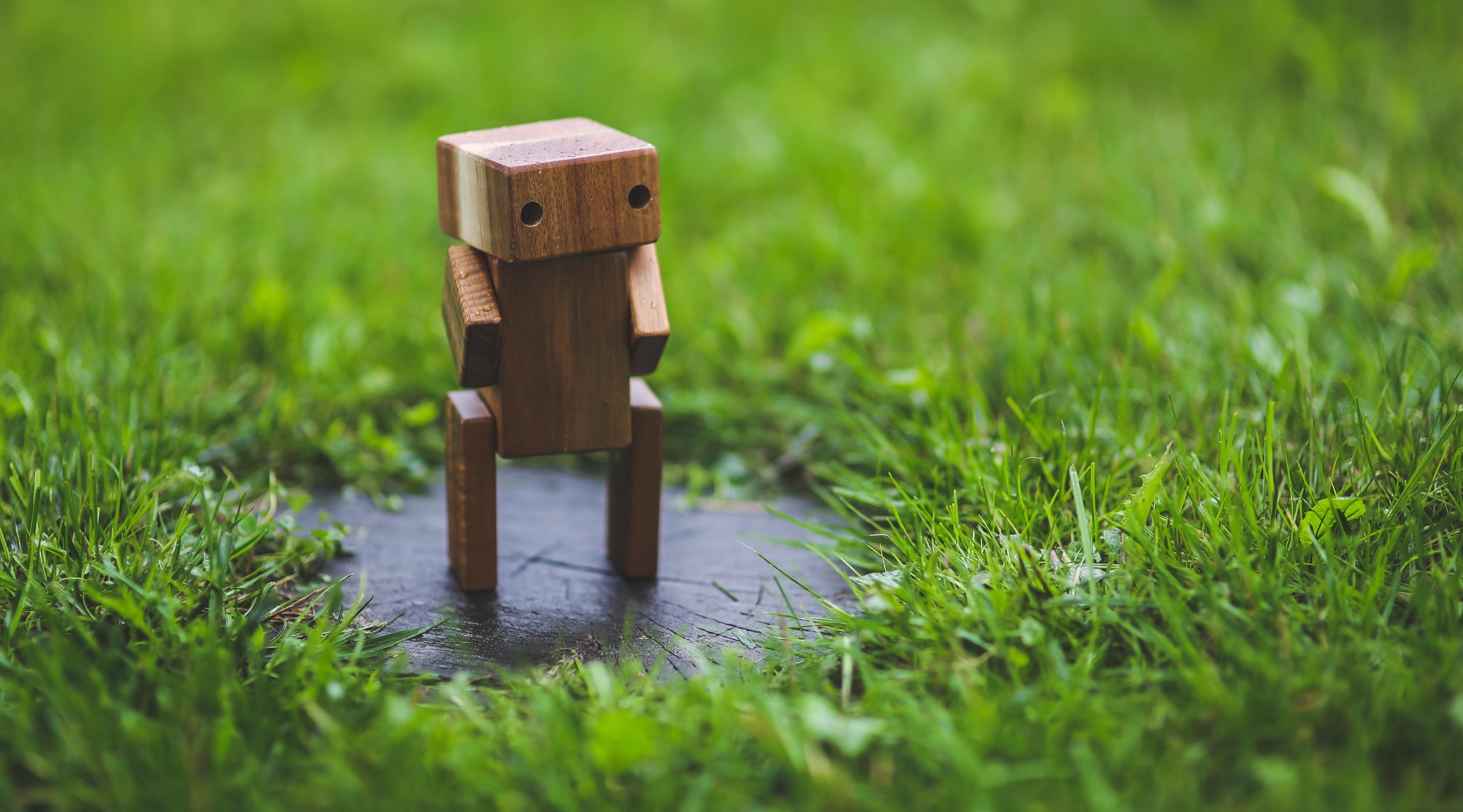 Wooden robot toy on wet grass HD Wallpaper