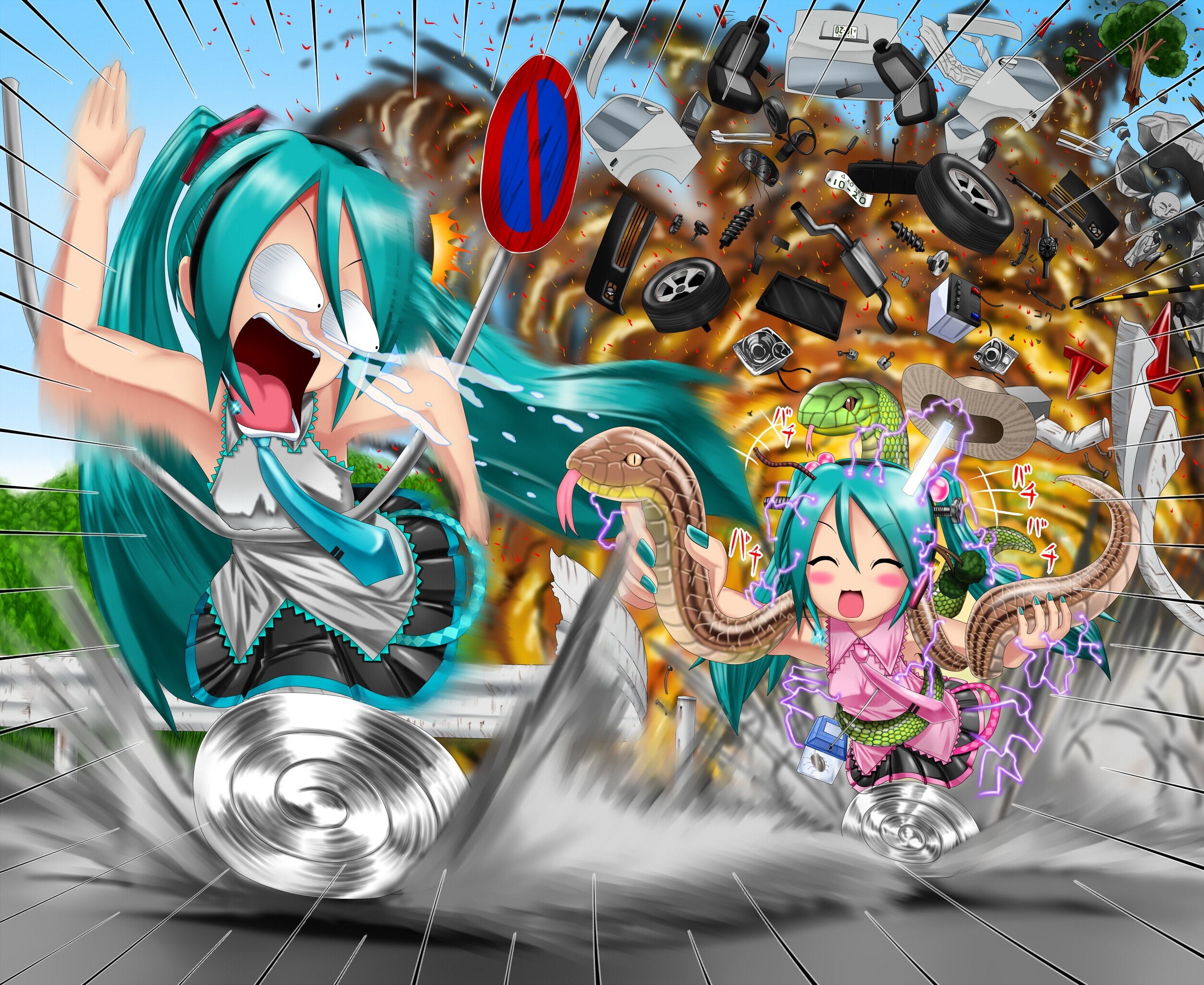 Hatsune Miku and Snakes in Car Crash HD Wallpaper