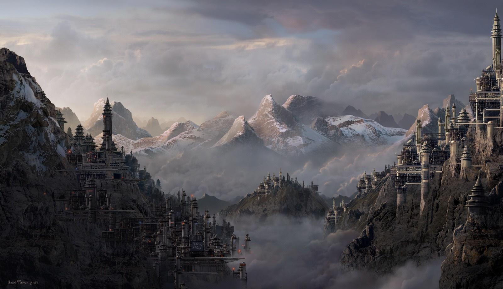 Fantasy city built on mountains with snow and mist HD Wallpaper