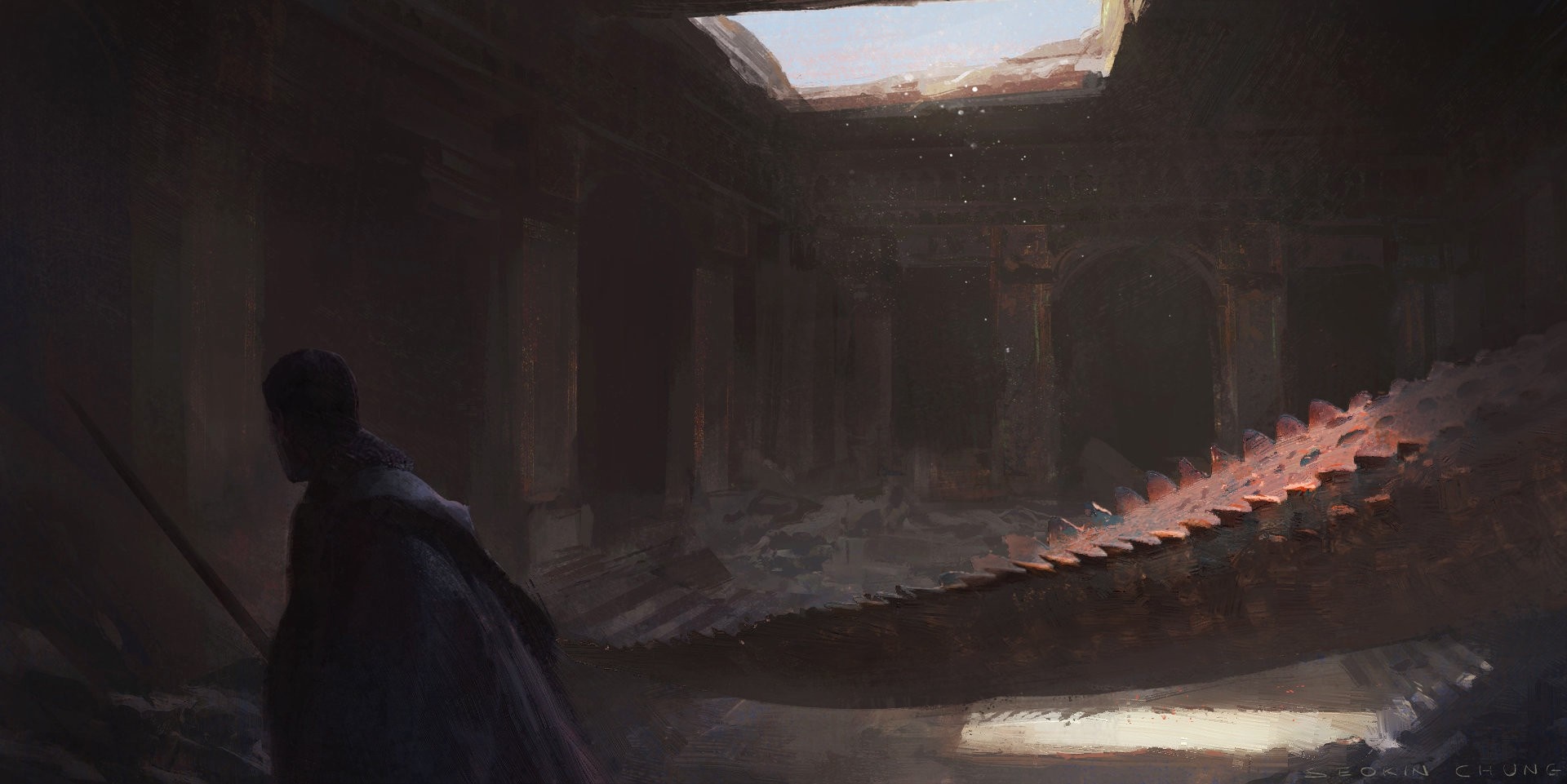 Fantasy art of a ruined temple with a person and a dragon tail HD Wallpaper
