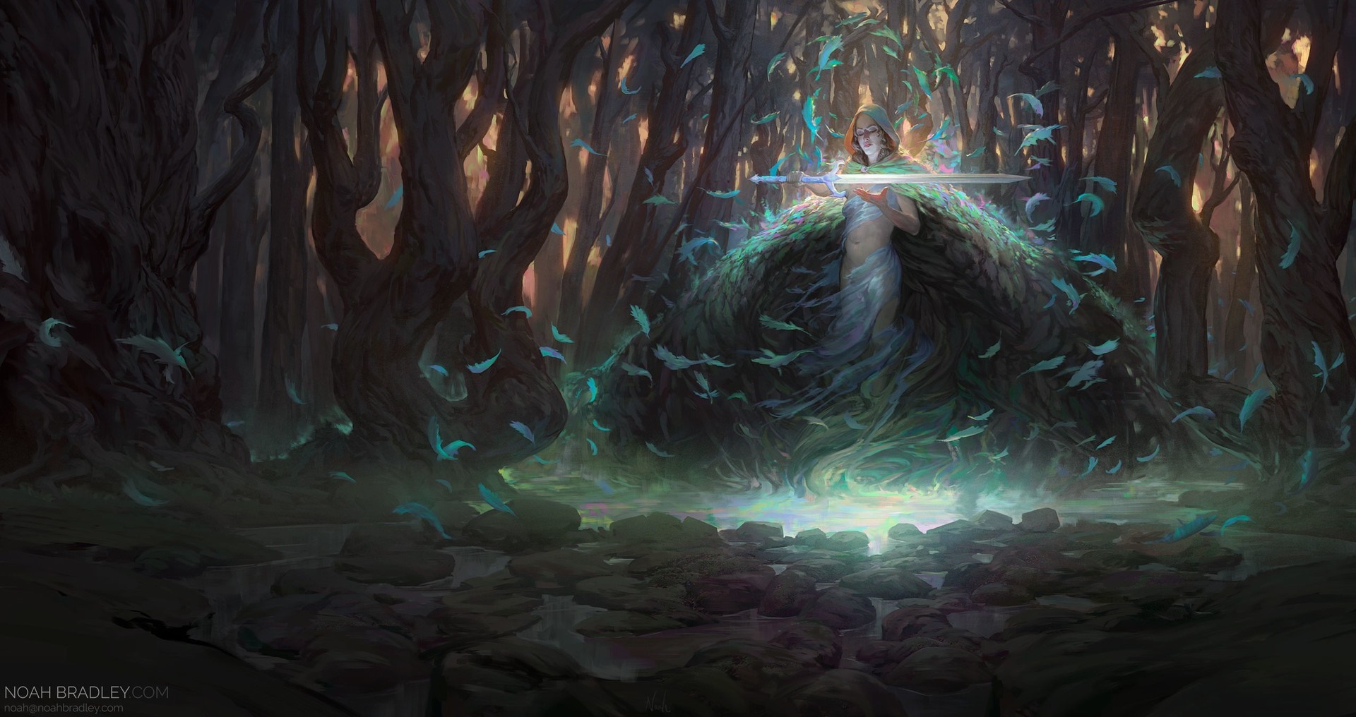 A figure with a sword in a dark, mystical forest HD Wallpaper