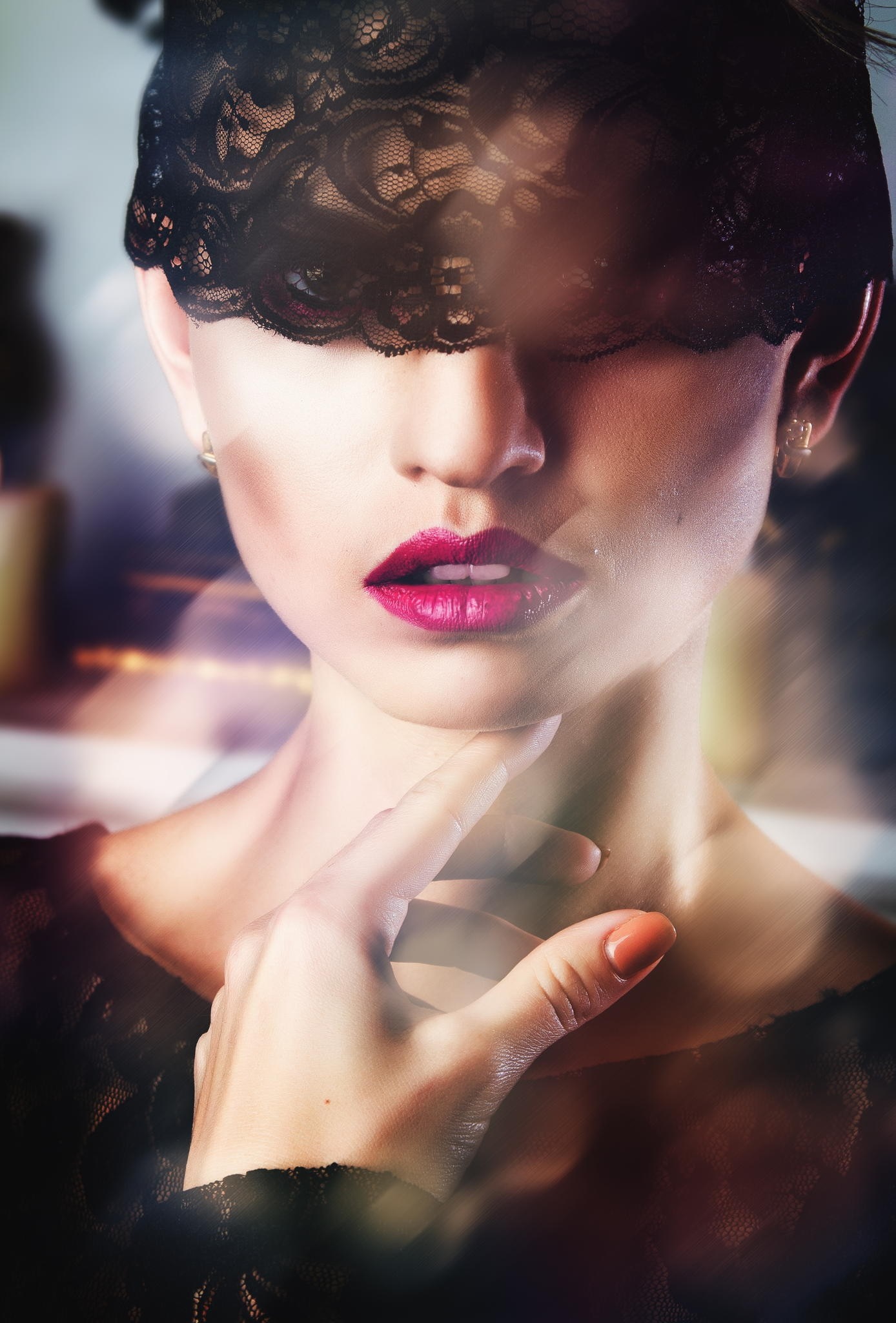 Woman wearing a black lace mask and pink lipstick HD Wallpaper
