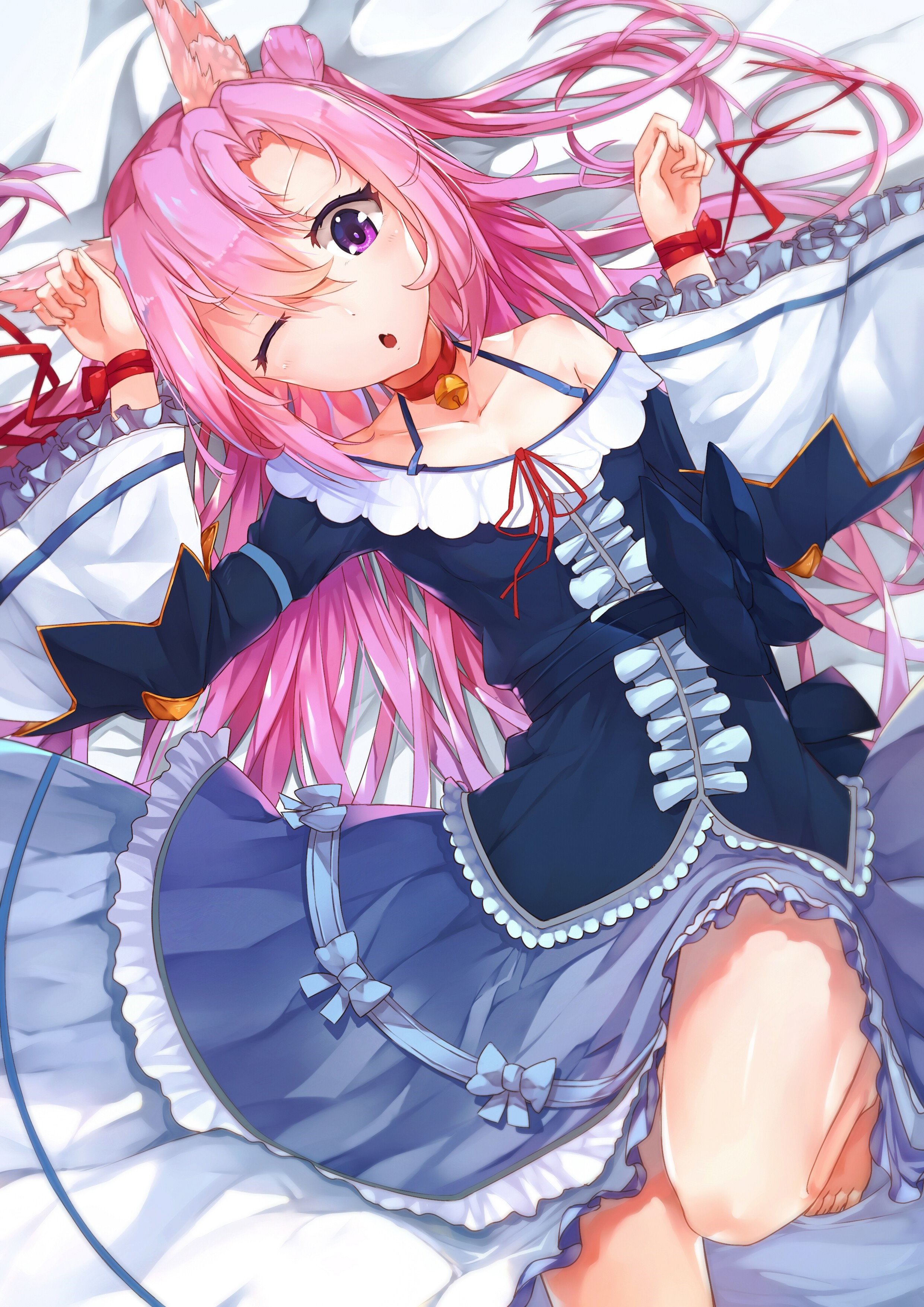 Anime girl with pink hair and cat ears in a dress HD Wallpaper