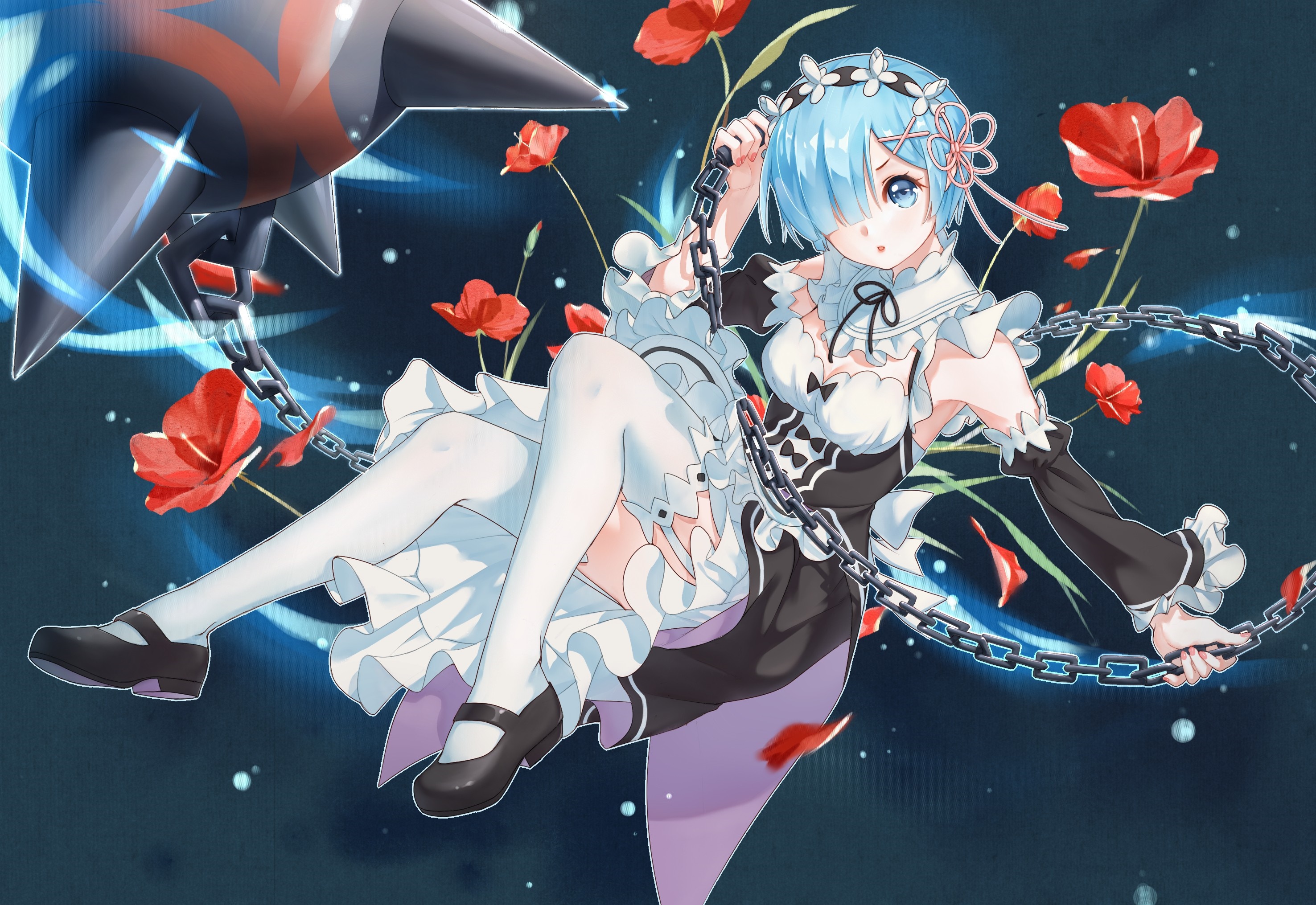 Rem from Re:Zero holding a flail with poppies HD Wallpaper