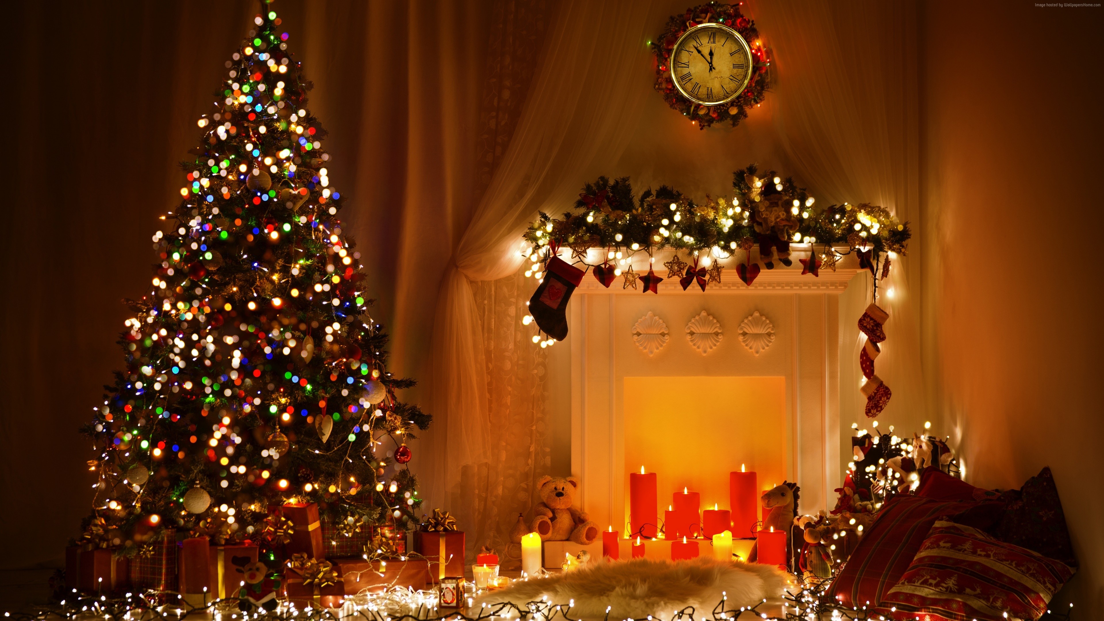 Christmas tree and fireplace with decorations HD Wallpaper