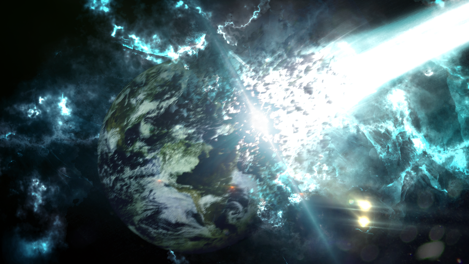 Earth in space with meteor shower and bright light HD Wallpaper