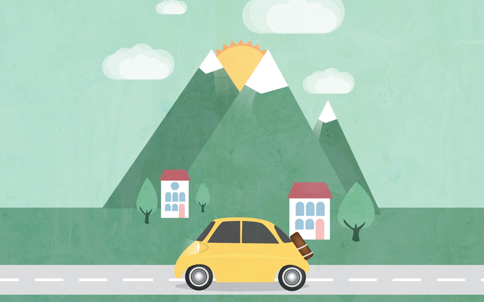 Yellow car driving on a road with mountains and houses HD Wallpaper