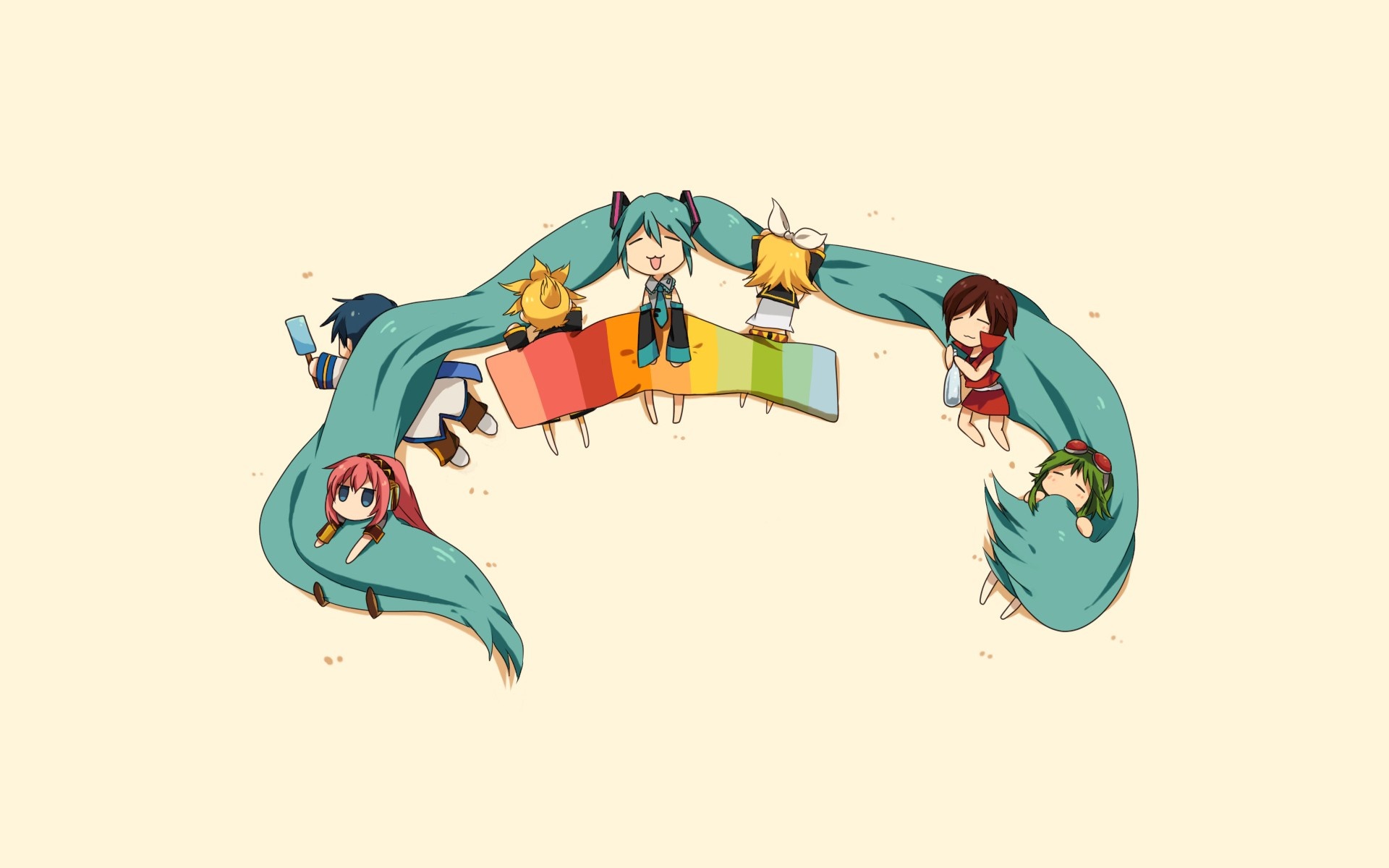 Chibi characters on a rainbow mat with large teal hair HD Wallpaper