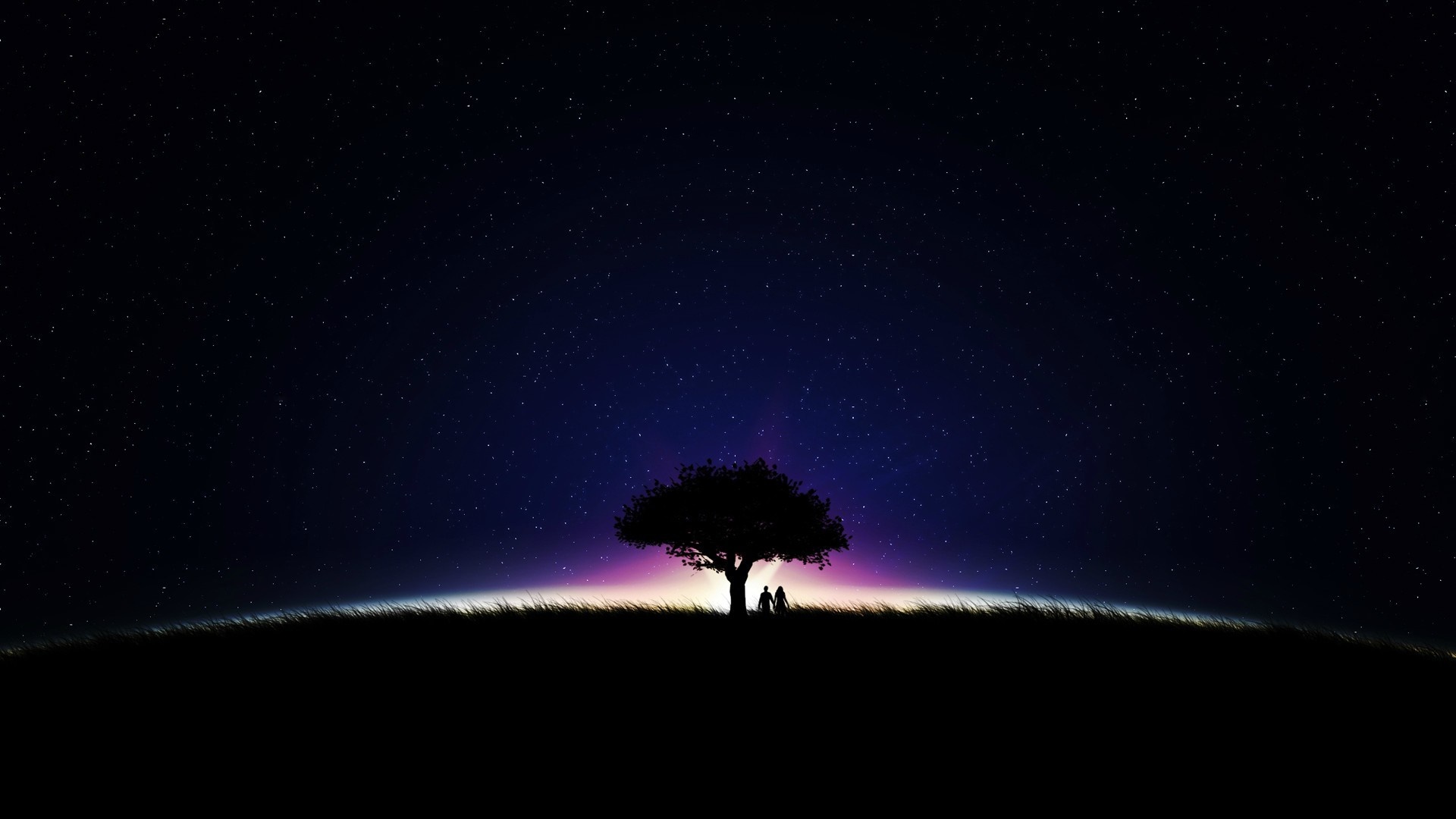 Couple under a tree at night with stars HD Wallpaper