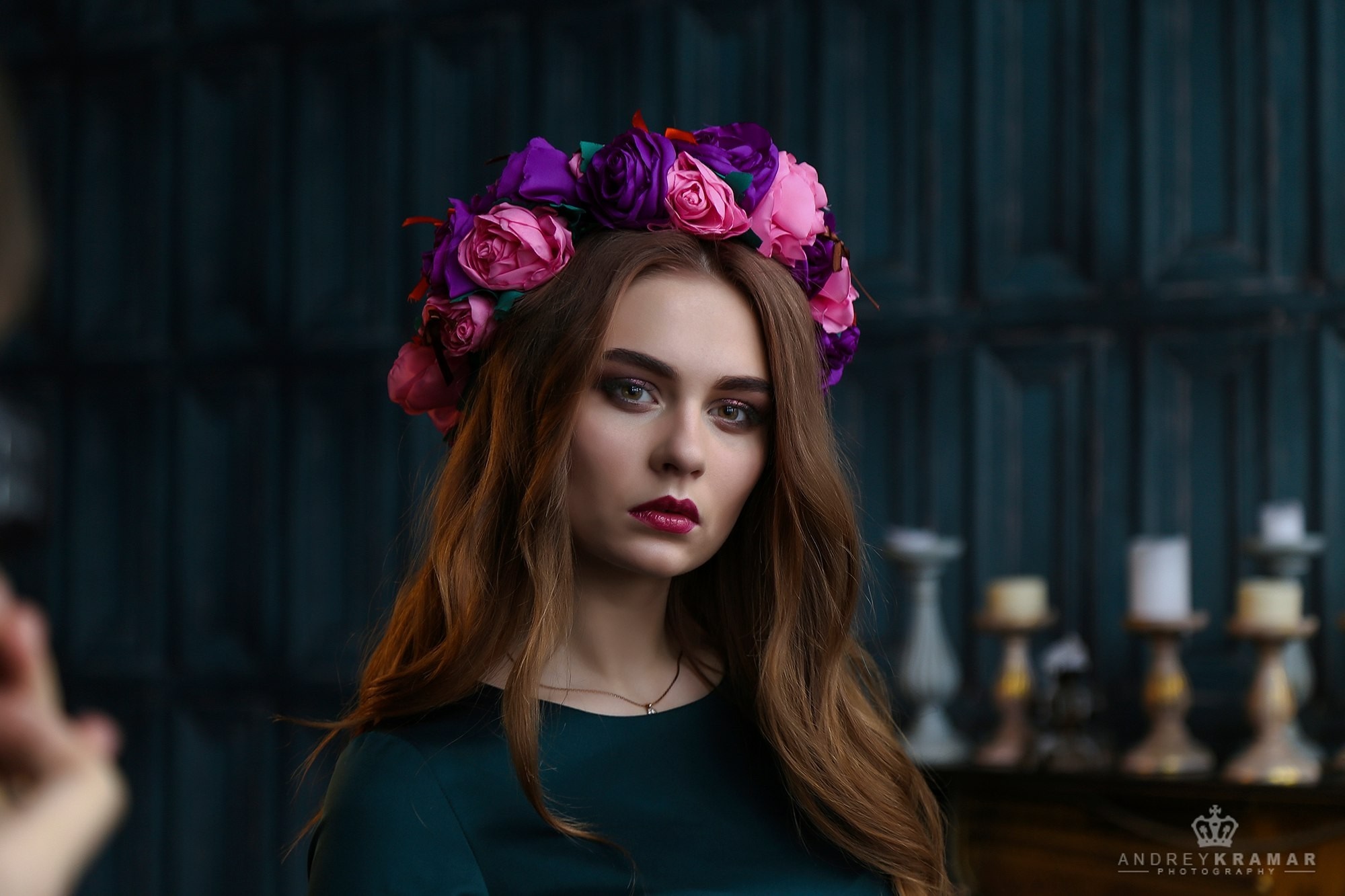 Woman with flower crown in dark green dress HD Wallpaper