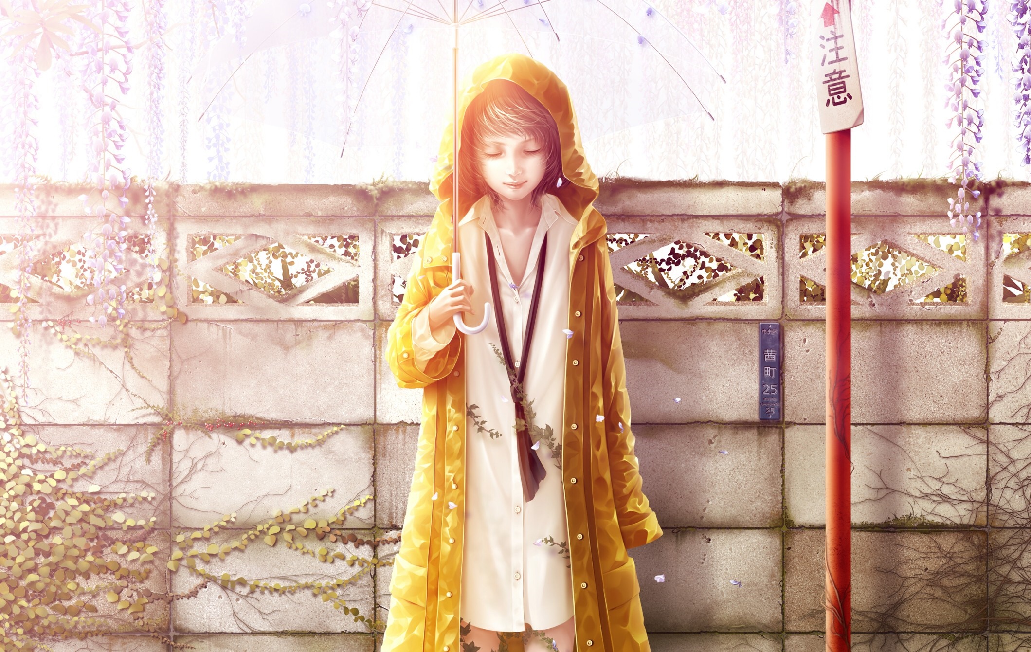 Girl in yellow raincoat holding umbrella HD Wallpaper