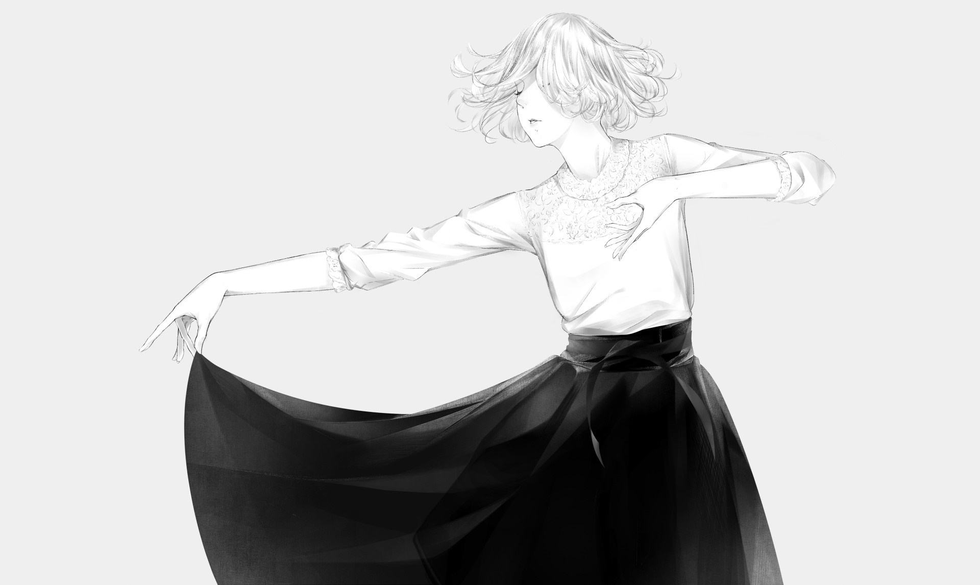 Monochrome illustration of a woman in a black skirt and white top HD Wallpaper