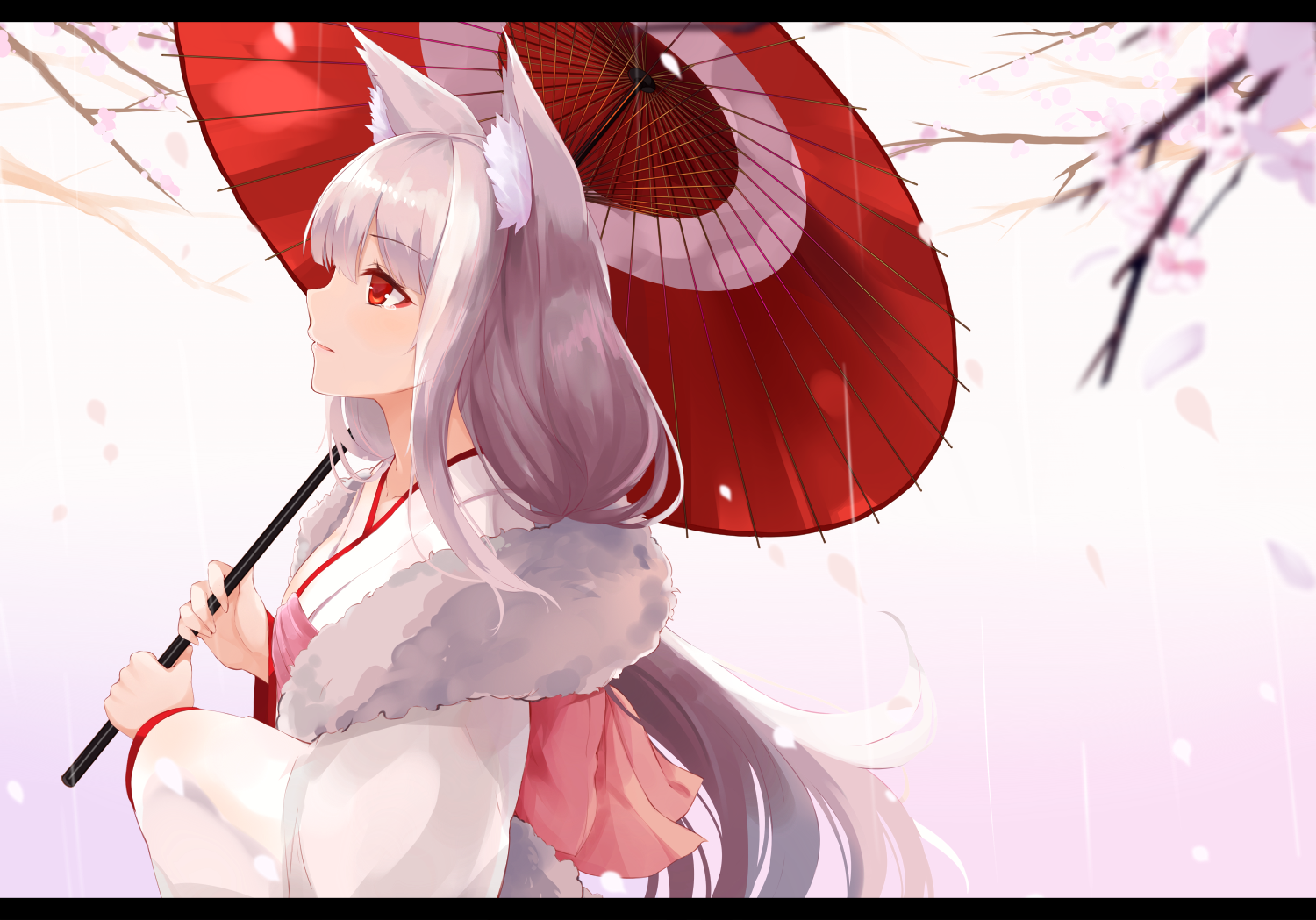 Anime girl with fox ears holding a red umbrella HD Wallpaper