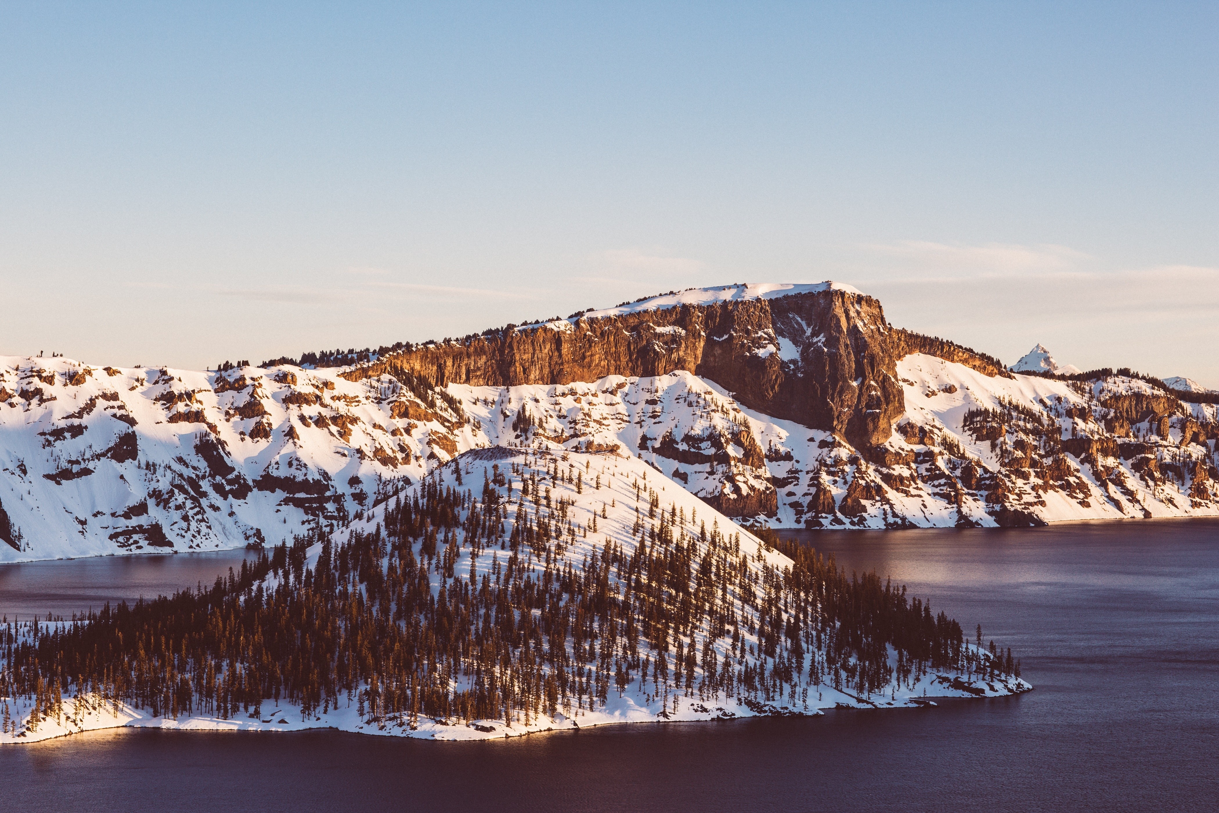 Snow-covered mountains and lake at sunrise HD Wallpaper