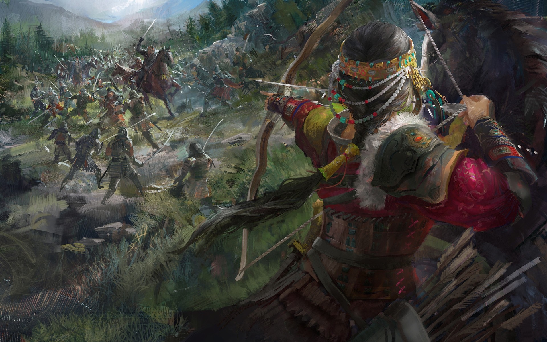 Fantasy battle with archer in foreground HD Wallpaper