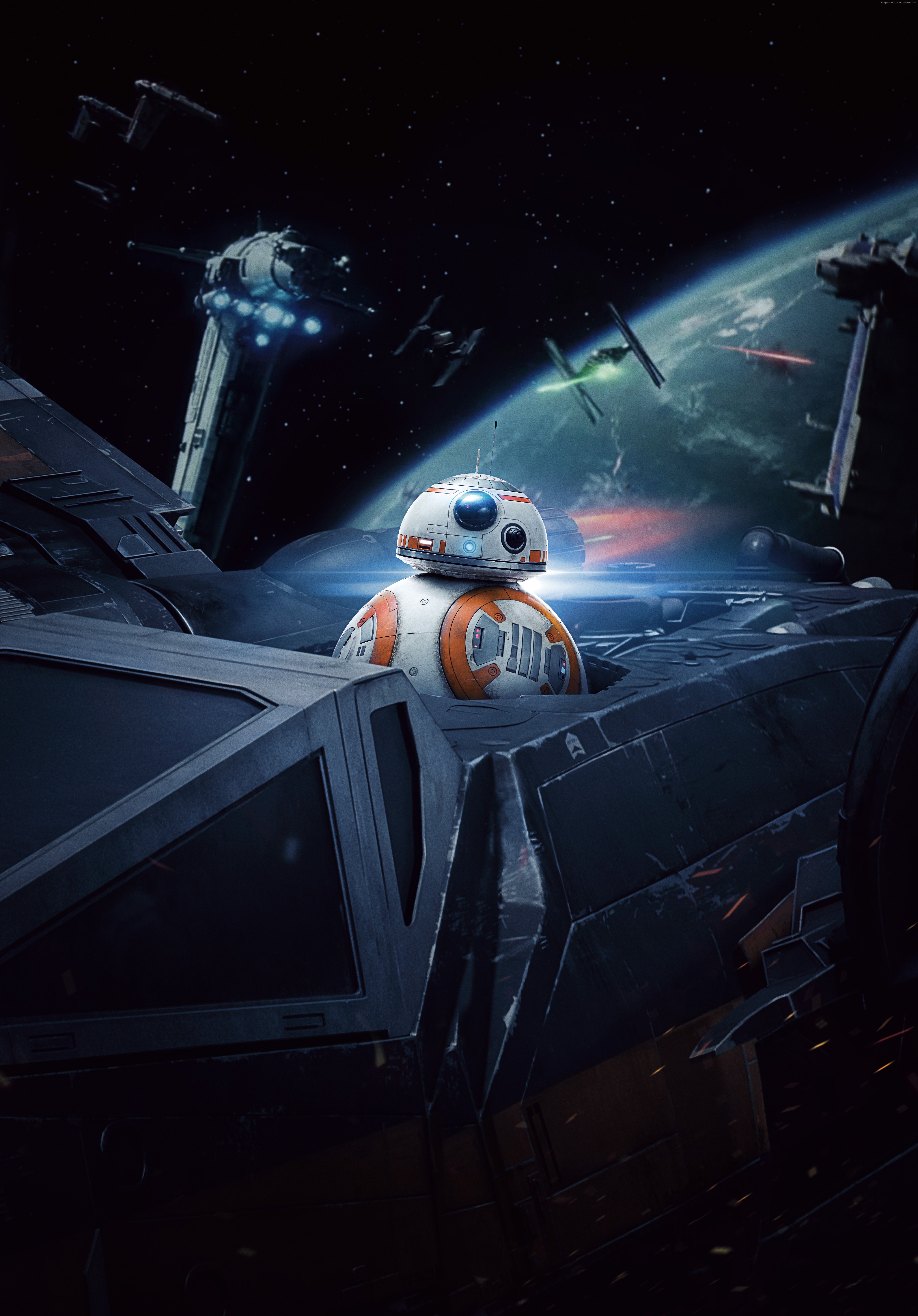BB-8 in a spaceship cockpit with Star Wars battle in background HD Wallpaper